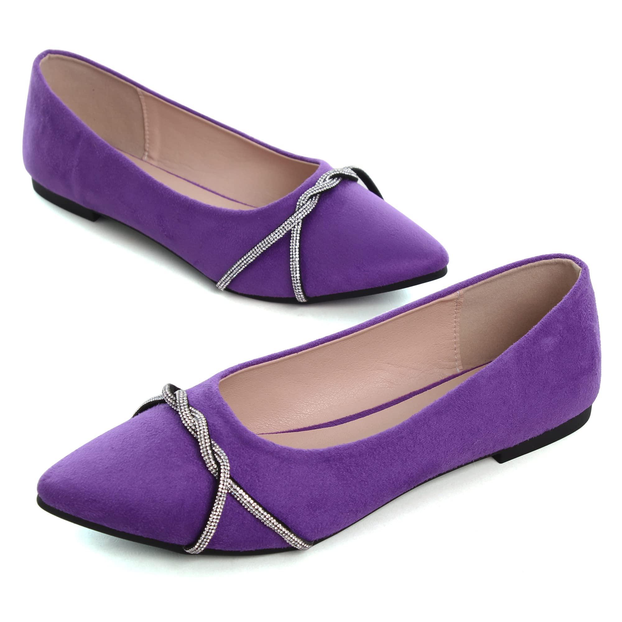 SAILING LU Rhinestones Purple Flats Dress Shoes for Women's Dressy Flats Comfortable Pointed Toe Slip-On Ballerina Walking Loafers Flats Shoes Size 5