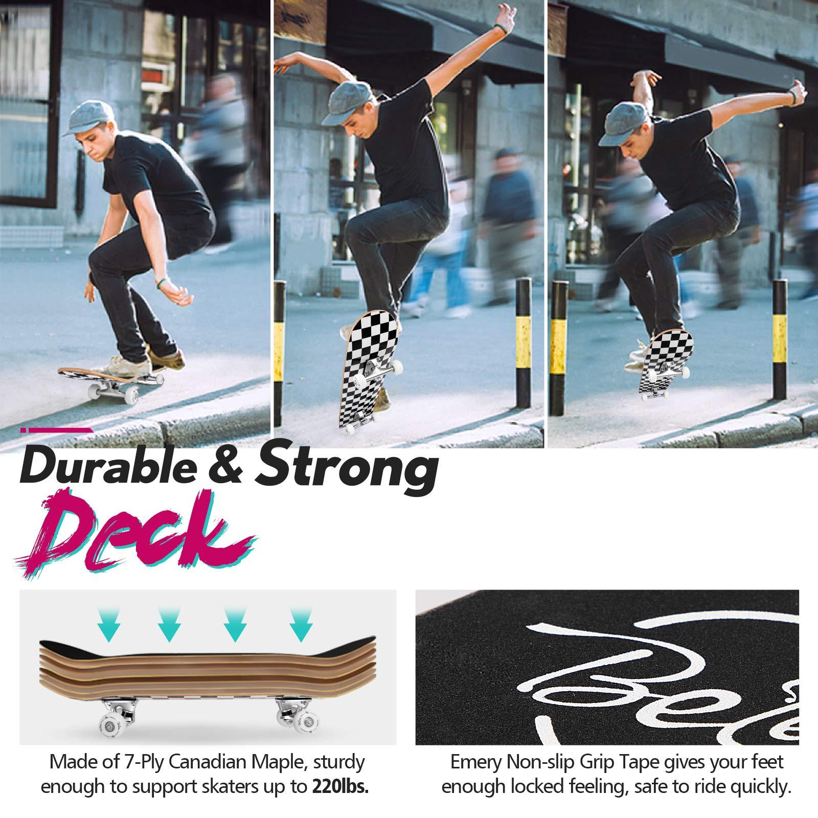 BELEEV BELEEV Skateboards for Beginners, 31 Inch Complete Skateboard for Kids Teens Adults, 7 Layer Canadian Maple Double Kick Deck Concave Cruiser Trick Skateboard (Black White)
