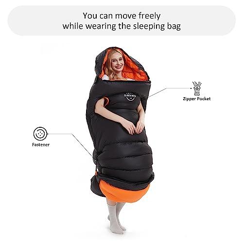 OMVMO OMVMO 0 20 Degrees F Down Sleeping Bag for Adults,4 Season Envelope Down Fiber Sleeping Bag for Backpacking Camping,Wearable Sleeping Bag with Arm Holes,Move Freely While Wearing.Ultralight,Compact.