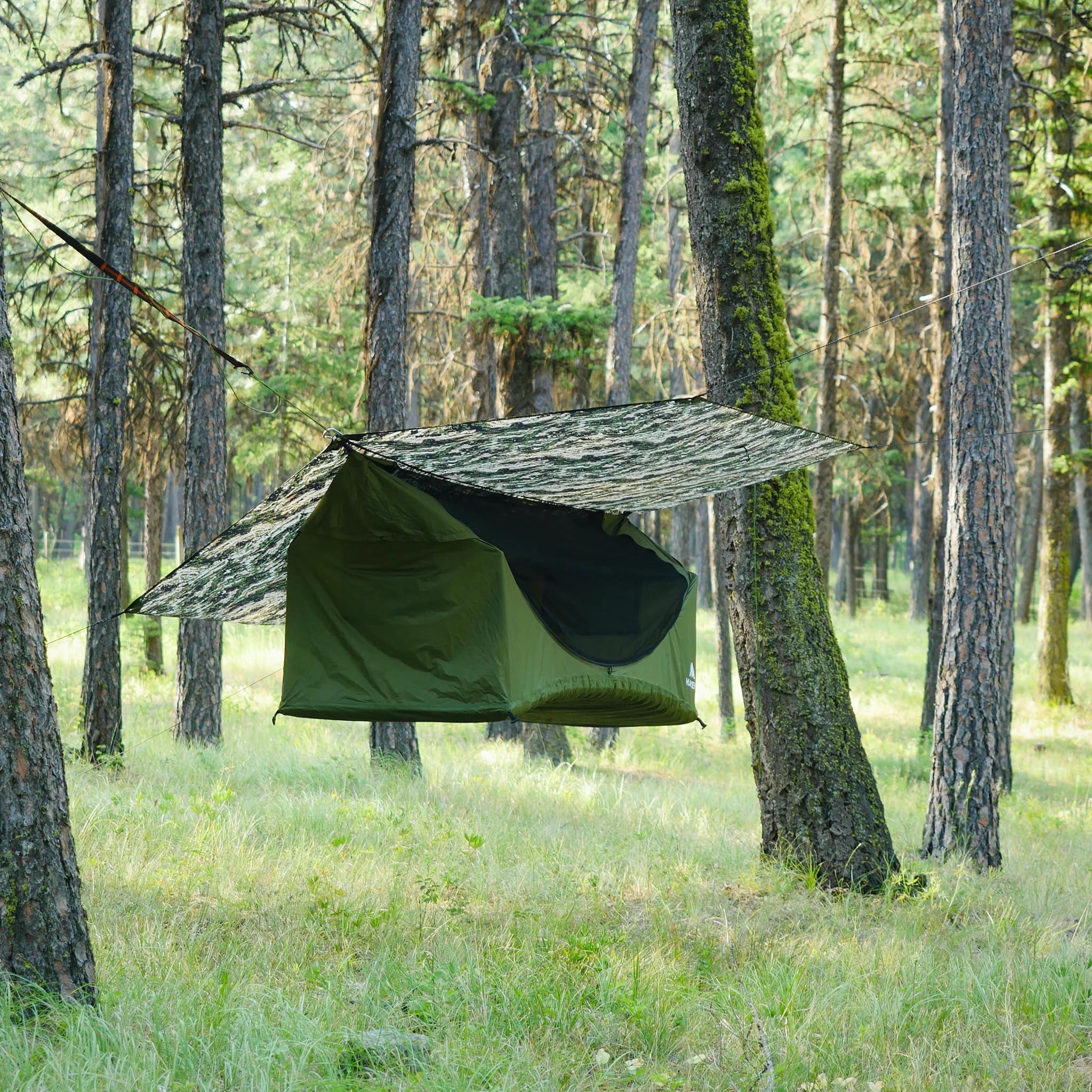 Haven Tents Haven Tent XL Lay Flat Hammock Tent - Waterproof Tent & Camping Hammock with Mosquito Net - Includes Insulated Pad and Rainfly - 80"x30" (Forest Camo)