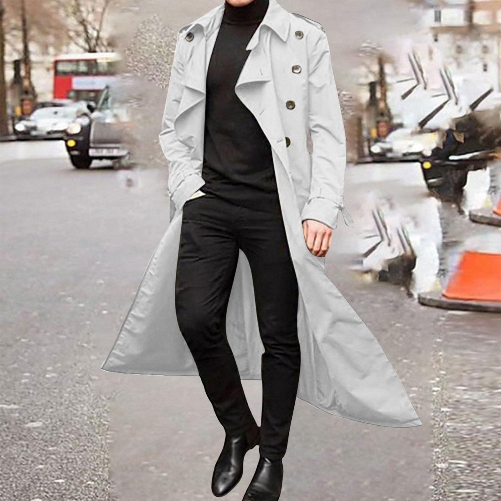 SAMST Men's Double Breasted Long Trench Coat Business Casual Oversized Windbreaker Notch Lapel Jacket Windproof Overcoat(White,S)