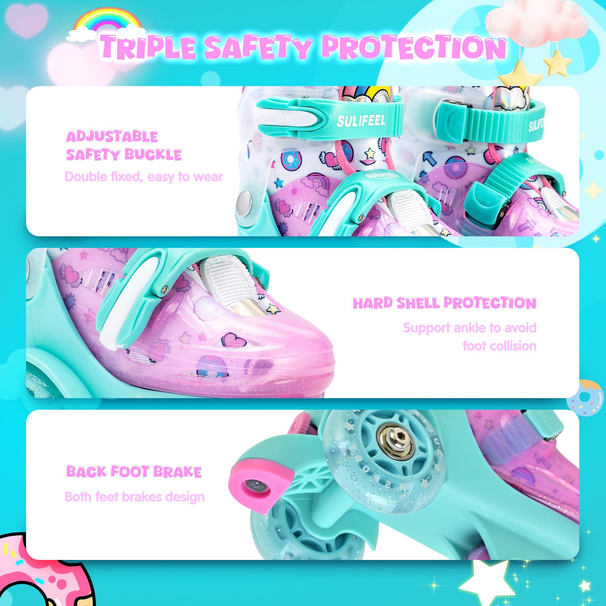 SULIFEEL SULIFEEL Adjustable Roller Skates for Girls Boys Kids,Fun Illuminating Light Up Flash Wheels Three-Point Type Balance Suitable for Beginners Indoor Roller Skating Green & Pink Size X-Small