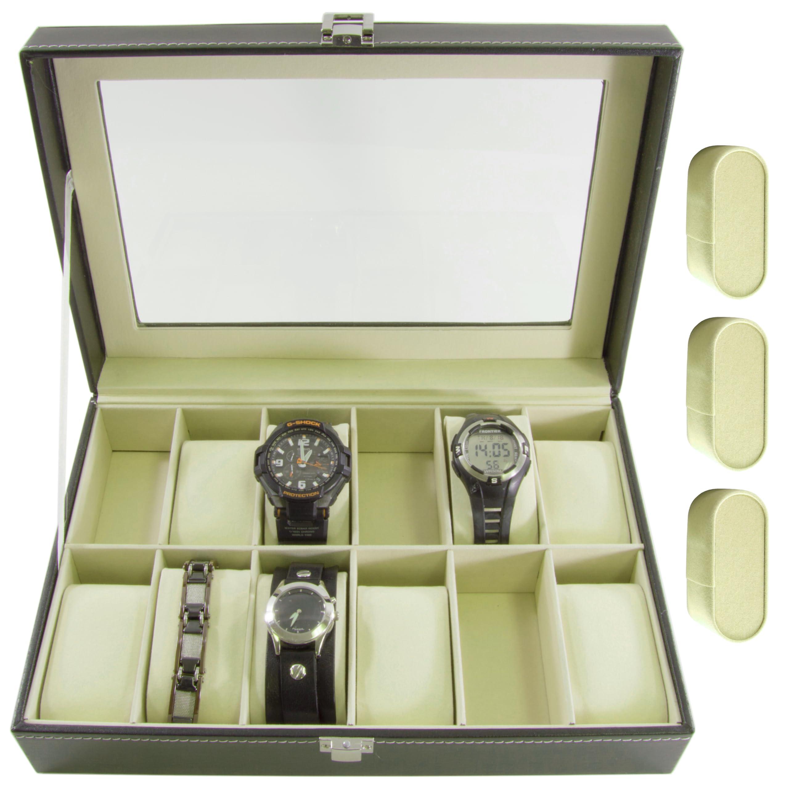 Science Purchase SciencePurchase Watch Box Large 12 Mens Black Leather Display Glass Top Jewelry Case Organizer