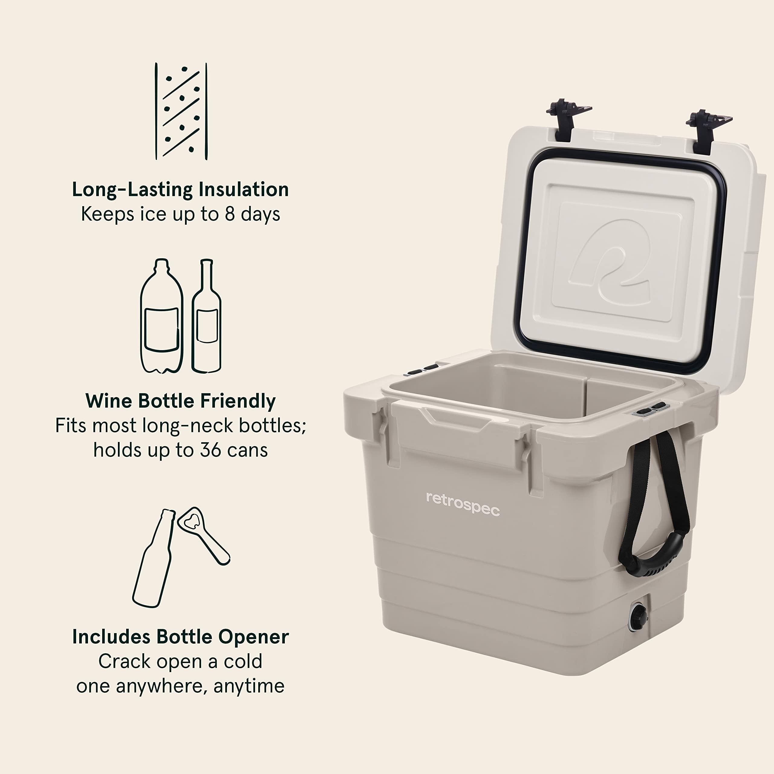 Retrospec Retrospec Palisade Rotomolded 25 Qt Cooler - Fully Insulated Portable Ice Chest with Built in Bottle Opener, Tie-Down Slots & Dry Goods Basket - Large Beach, Camping & Travel Coolers - Dune
