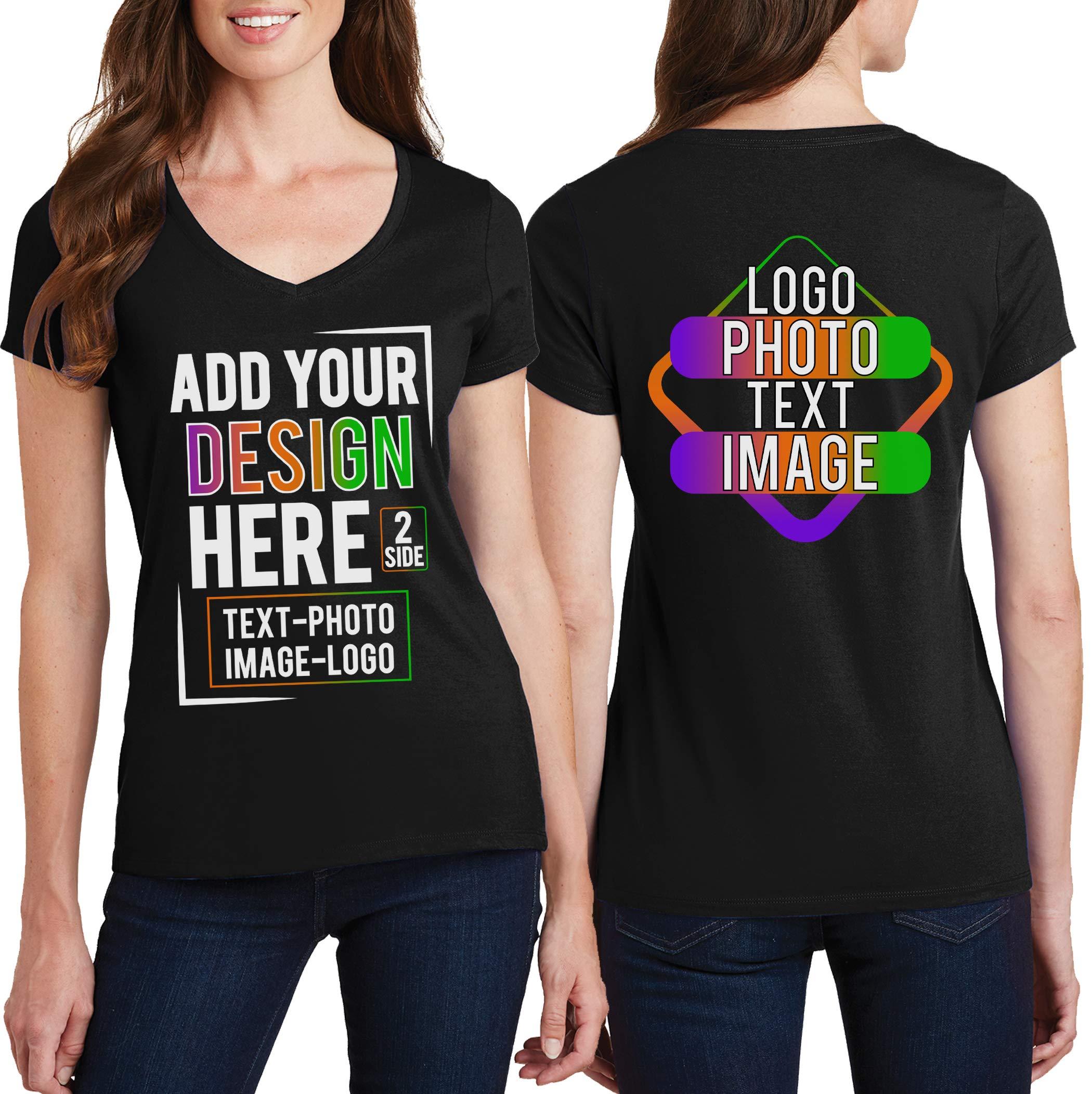 TEEAMORE Women Custom V Neck T Shirts Design Your Own Add Picture Photo Text Two Sided Black