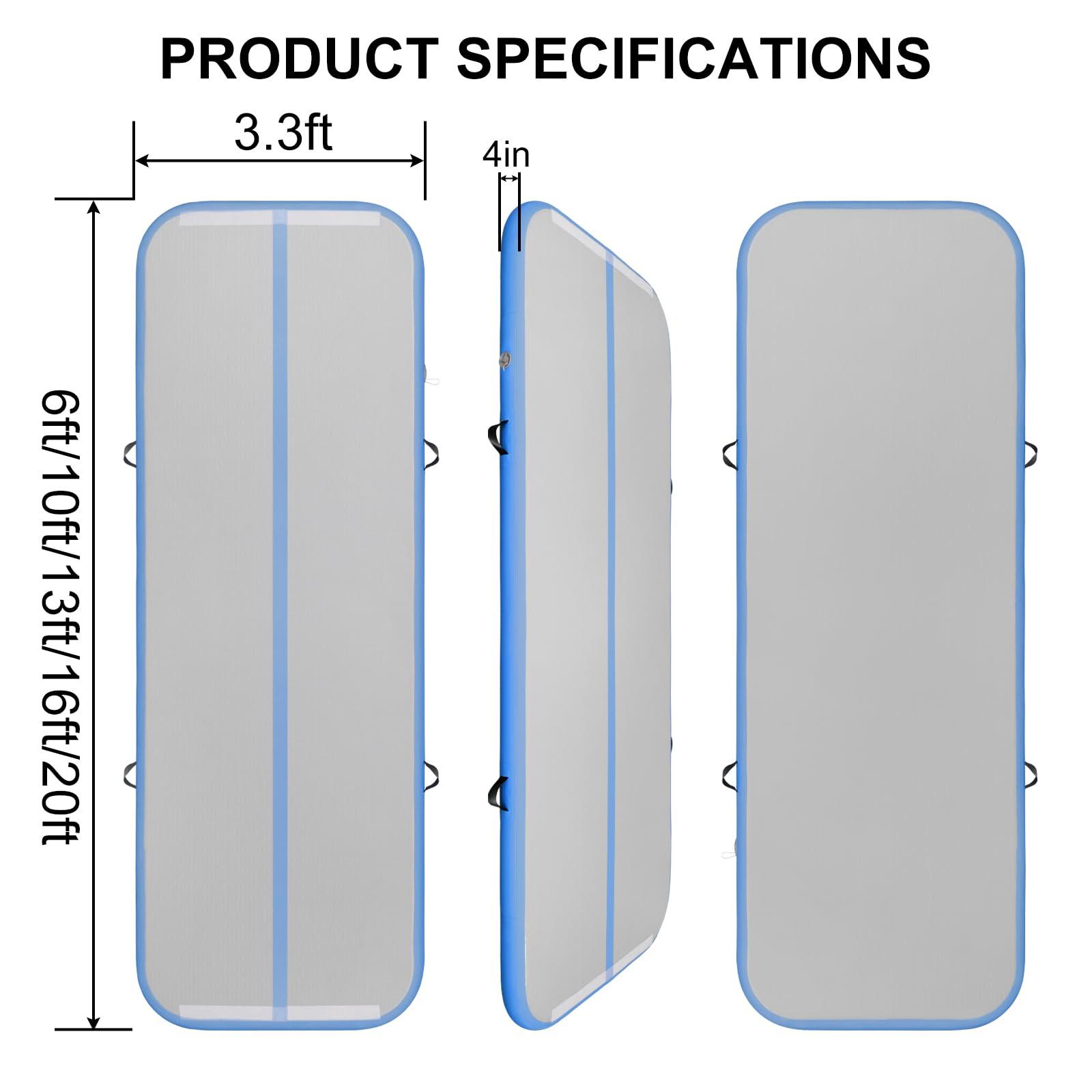 EDOSTORY EDOSTORY Inflatable Air Gymnastics Mat 10ft/13ft/16ft/20ft Training Mats 4 inches thick Gymnastics Tracks for Home/Training/Cheerleading/Yoga/Water Sports with 600W Electric Pump Blue 6ft