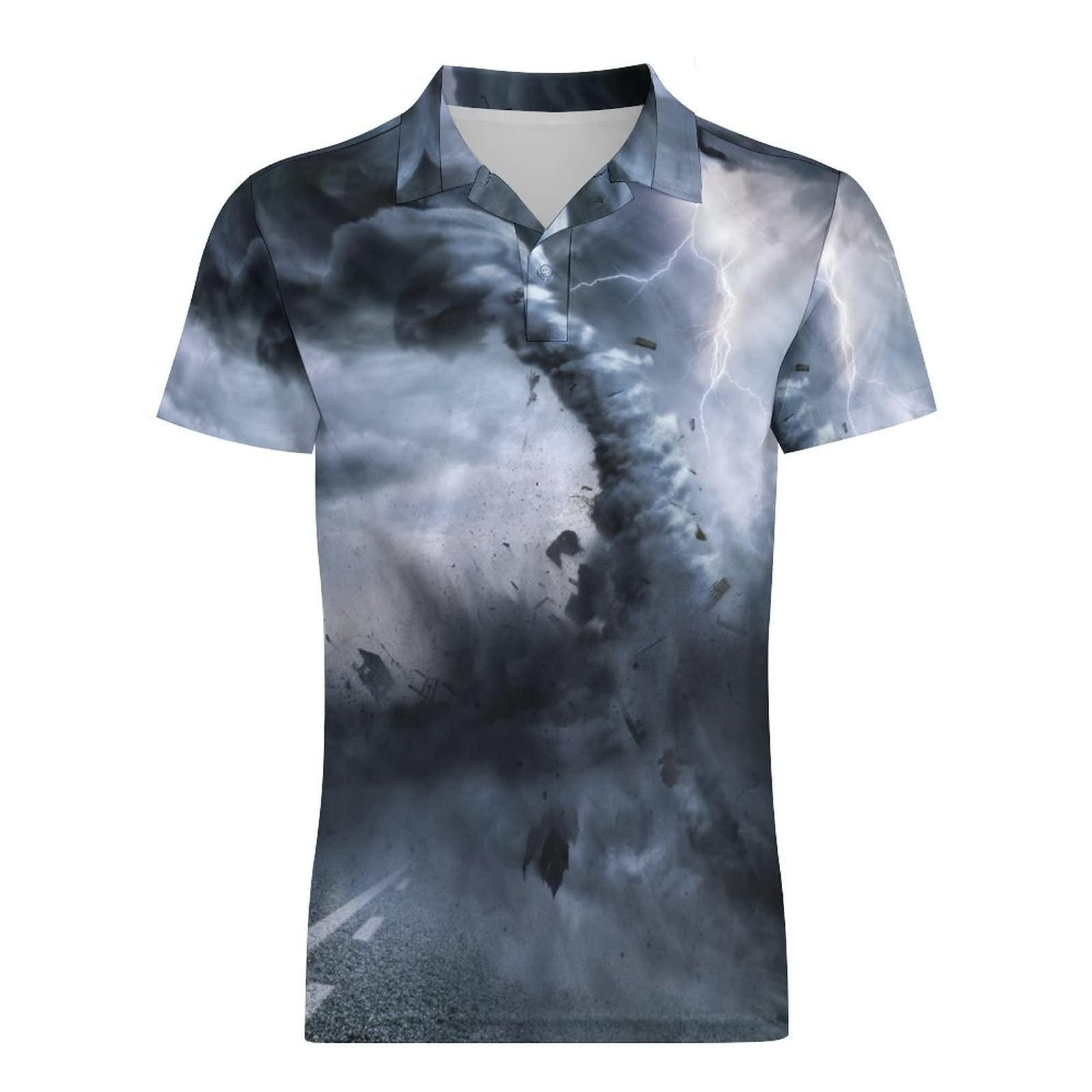 SONGTING Powerful Tornado Men's Polo Shirt Short Sleeve Print T Shirt Slim Fit Golf Shirt Collared Tee Casual Top XL