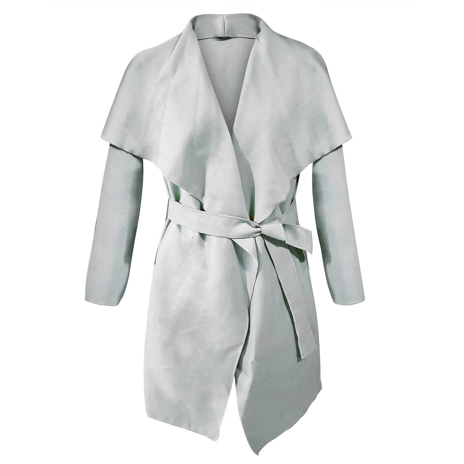 NaRHbrg Women Trench Coat Women's Lapel Woolen Wrap Pea Coat Open Front Long Jacket Overcoat Outwear Cardigan Windbreaker Gray