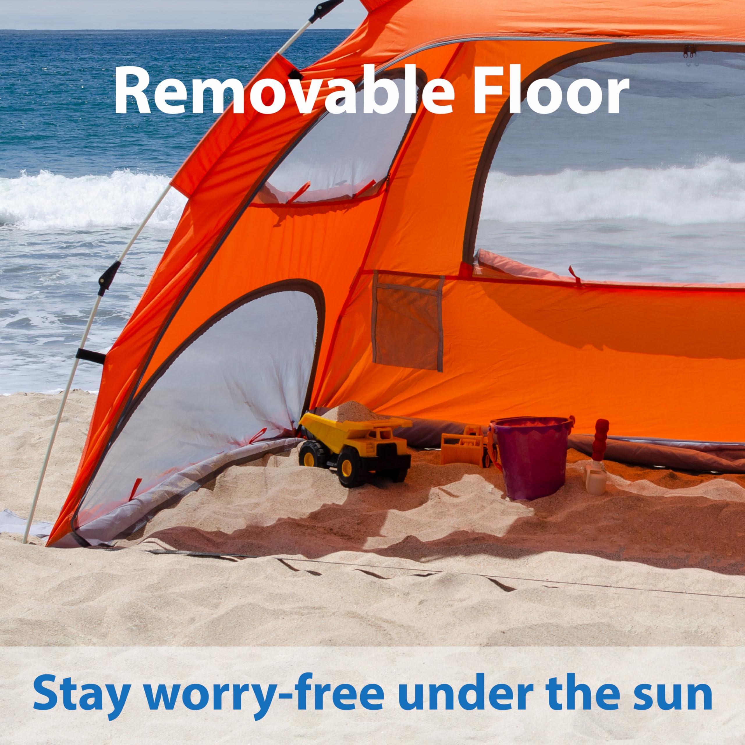 Arkali Arkali Beach Sun Shade Pop Up, Easy Pop Up Sun Shelter, Removable Floor Instant Beach Tent, UPF 50+, Size XL for Family 3 to 4 People, Orange