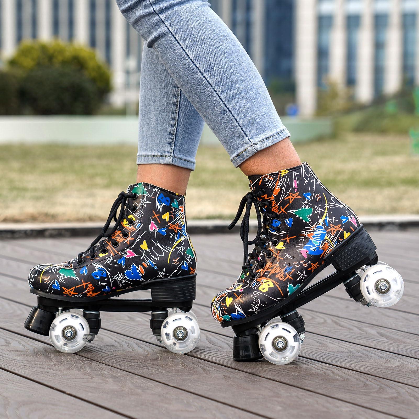 ugboiu Ugboiu Roller Skates for Men and Women, Black Derby Roller Skates with 4 Shiny Wheel, Classic Double-Row Roller Skates for Indoor and Outdoor