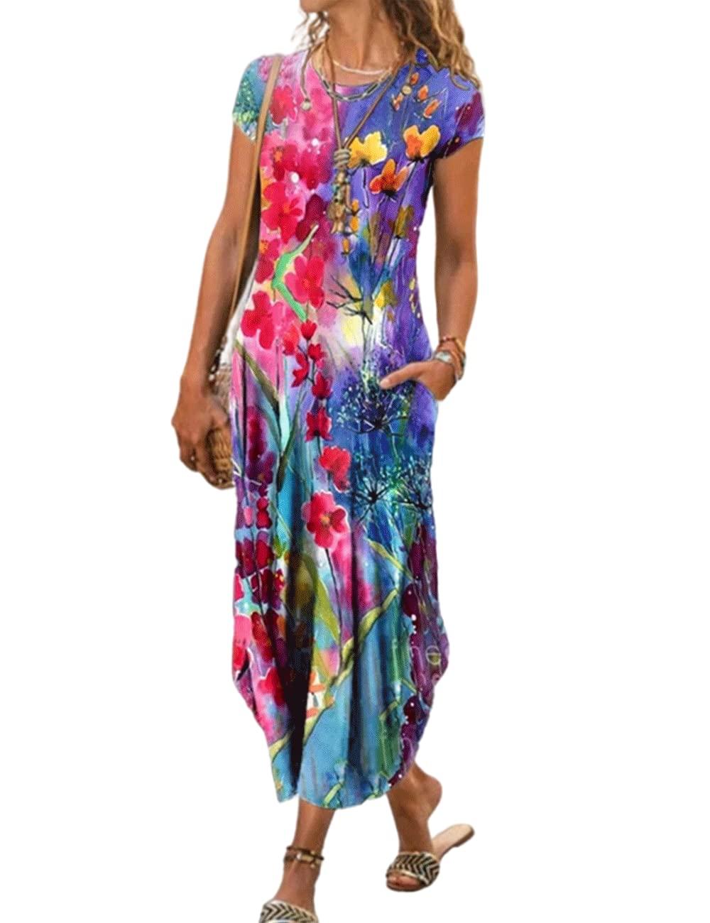 AHAIJ AHAIJ Women Summer Casual Maxi Dress Floral Printed Loose Pockets Short Sleeve Split Boho Dresses (Colorful,XXX-Large)