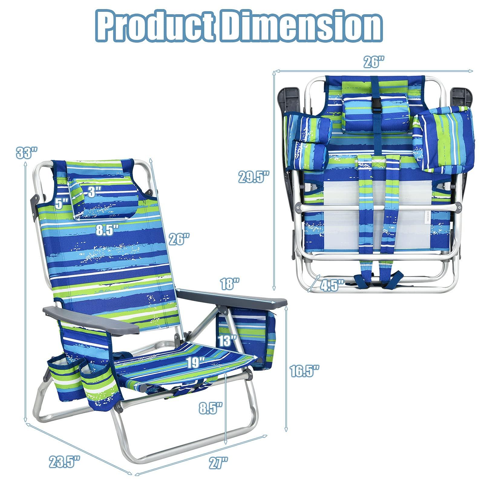 Giantex Giantex Beach Chair 4-Pack Sling Camping Chair, Sunbathing Chairs with 5 Adjustable Position, Head Pillow, Storage Bag, Towel Bar, Cup Holders, Folding Fishing Backpack Lawn Chairs