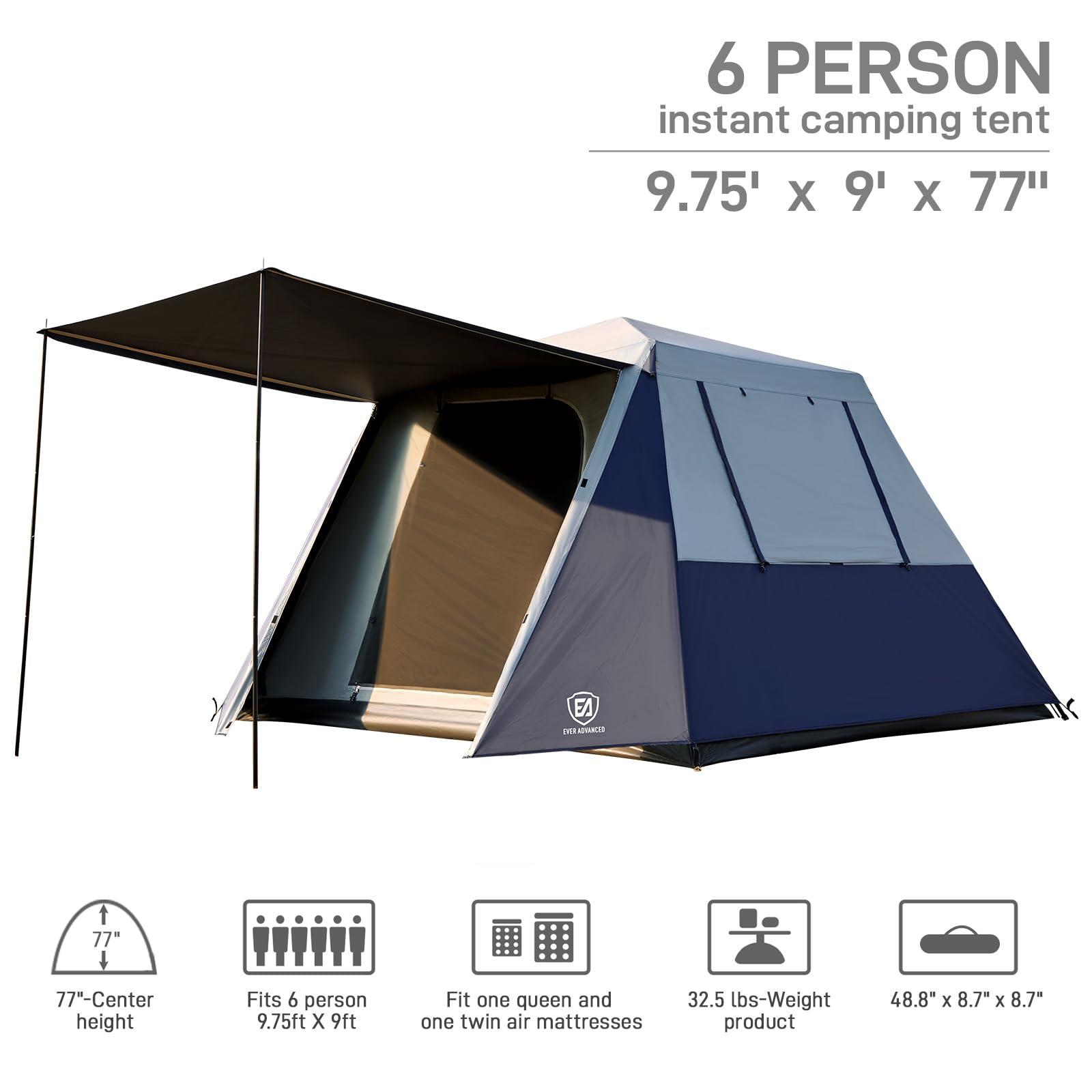 EVER ADVANCED EVER ADVANCED Blackout 6 Person Camping Tent, Instant Cabin Tent for Family with Vestibule and Large Mesh Windows, 60s Easy Setup, Double Layer, Water-Resistant, Blue