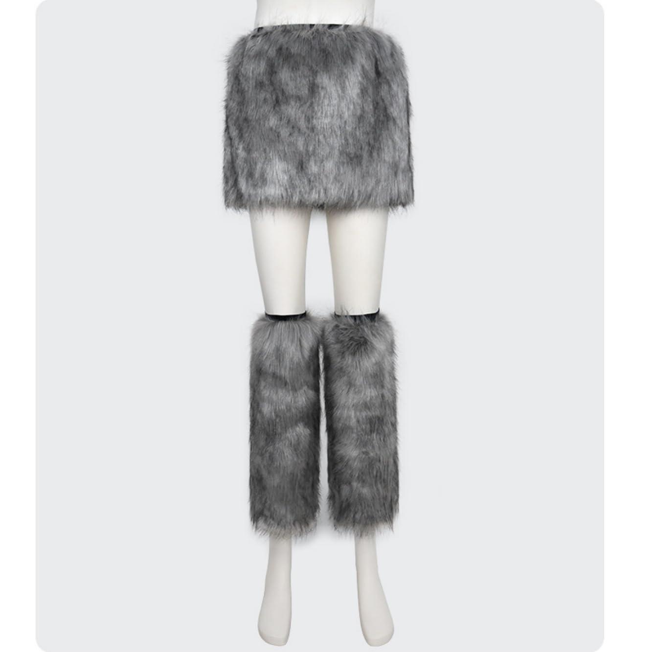 SUNKOX Furry Skirt, Fur Skirt,Faux Fur Women A Line Mini Skirt Furry Leg Warmer Boot Cuff Cover for Halloween Cosplay Costumes (US, Alpha, Large, Regular, Regular, Gray)