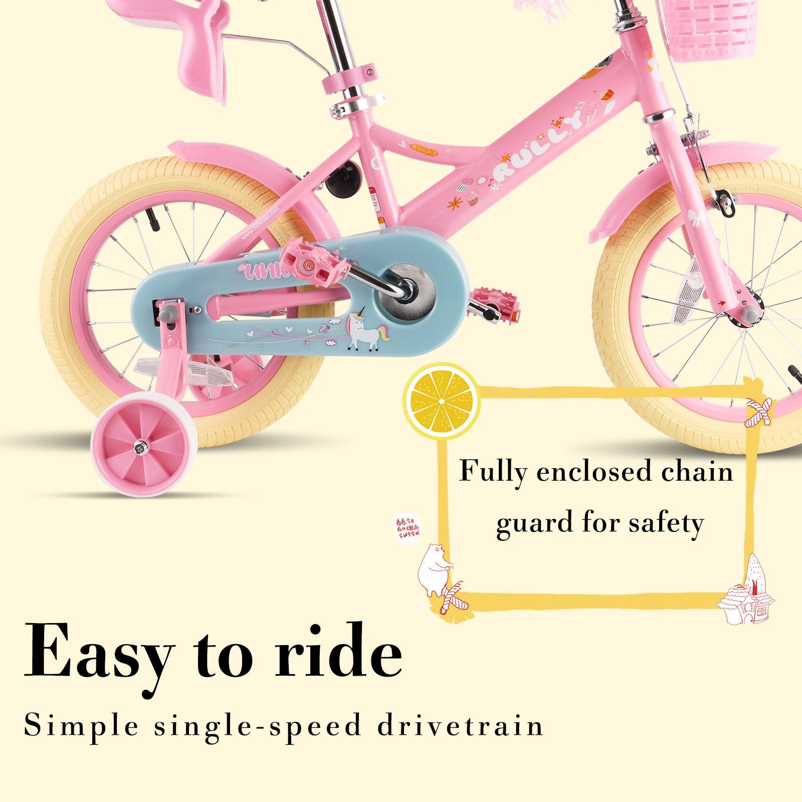 RULLY RULLY 12 Inch Kids Bike for 2 3 4 Years Girls with Training Wheels & Front Handbrake, Kids Bicycle with Basket Bike Streamers Toddler Cycle Bikes, Pink