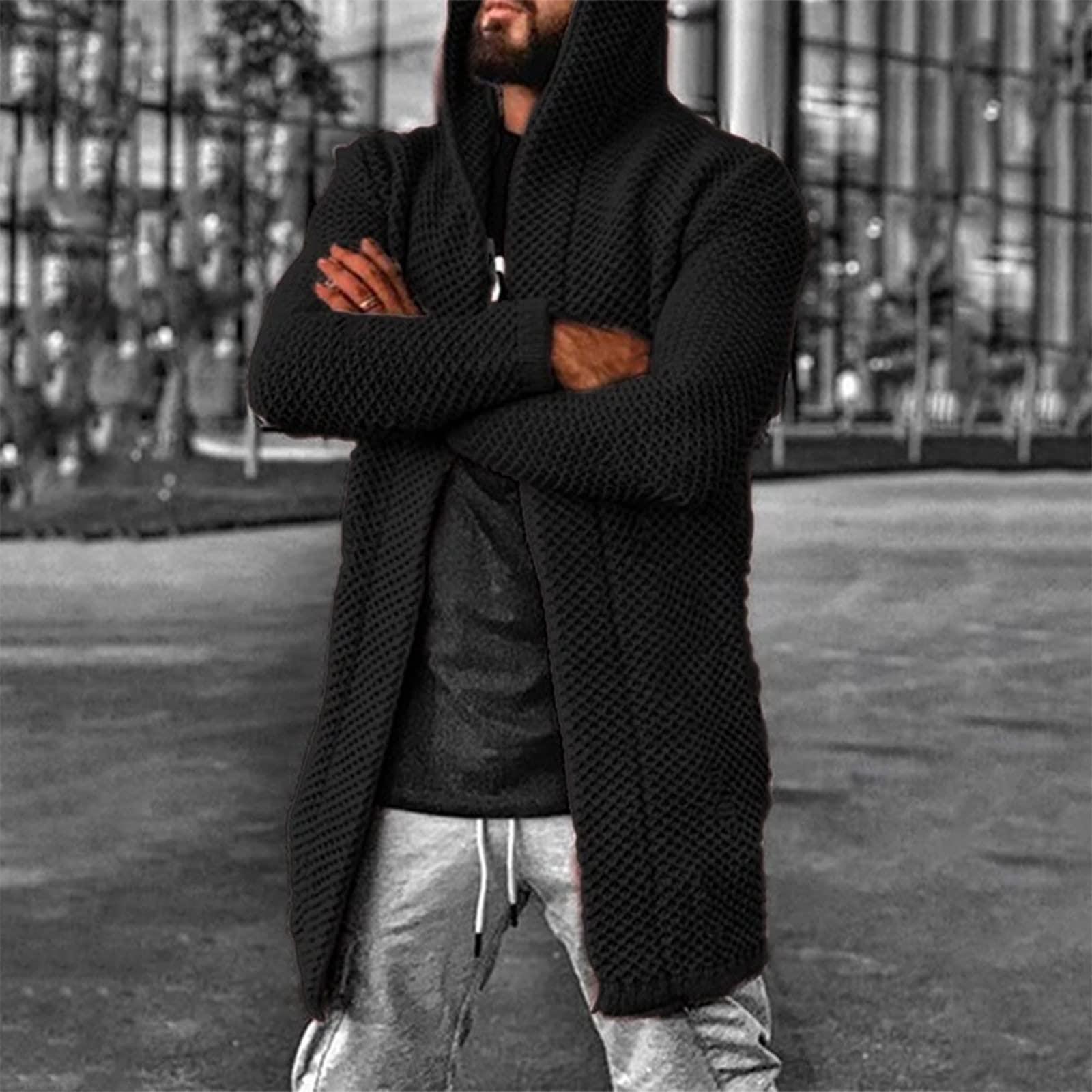 Ymosrh Ymosrh Thick Sweaters for Men Winter, Long Cardigan Sweater Casual Open Front Knit Sweater with Hood Mens Cardigan Sweater Fashion Shawl Collar Cardigan Zipper Sweaters Cardigan (XL, Black)