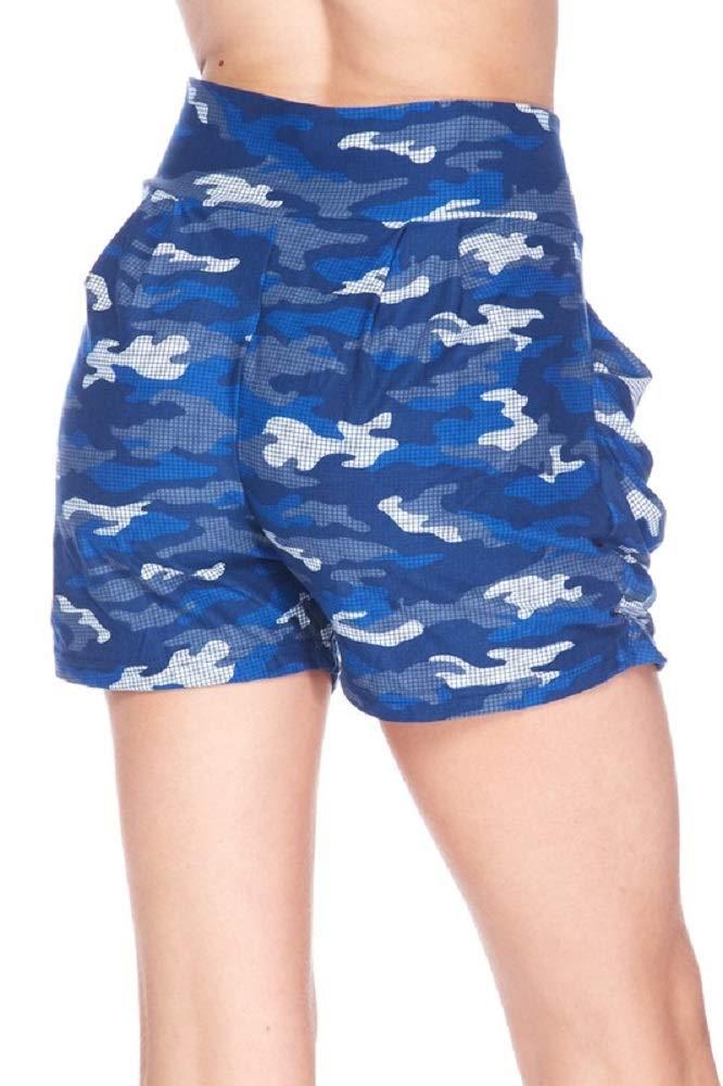 New Mix New Mix Premium Ultra Soft Brushed Yummy Print Harem Shorts with Pockets (Small/Medium, Blue Grid Camo)