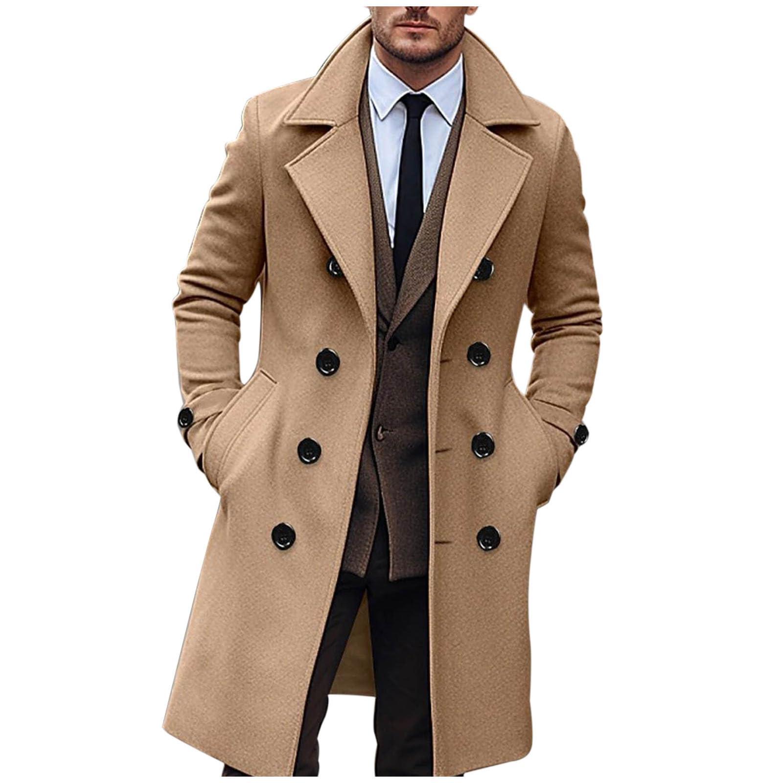 NineFit Basics Trench Coat Men Slim Fit Winter Warm Double Breasted Notch Lapel Wool Blend Long Coat Fashion Solid Overcoat Jackets