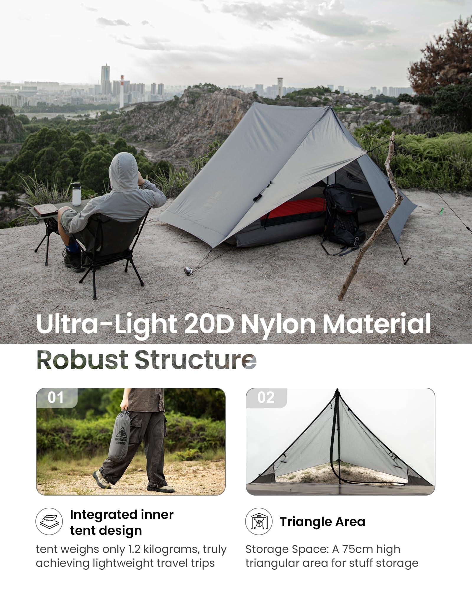 OneTigris OneTigris HILLRIDGE Backpacking Tent, Waterproof Windproof 2 Person Tent, 20D SIL-Coated Nylon, Single Layer, Ultralight 3 Season Tent for Camping Hiking Canoeing Travel (Wolf Gray)