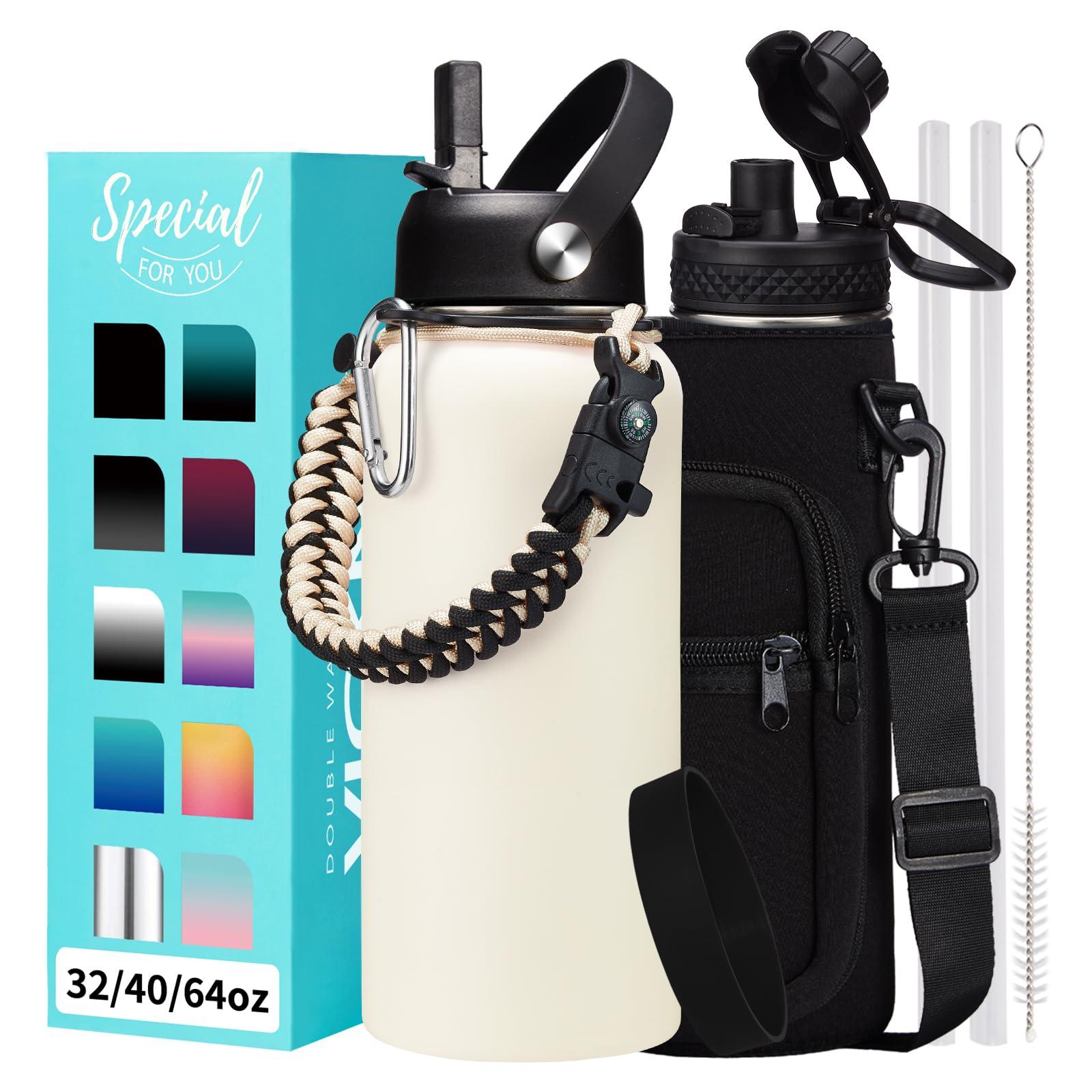 VICKNIY 32 oz Insulated Water Bottle with Straw - Chug Lid, (Cold 48h, Hot 24h) Stainless Steel Flask with Paracord Handle, Storage Pouch with Strap, Metal Thermos for School Travel Sports Gym Women