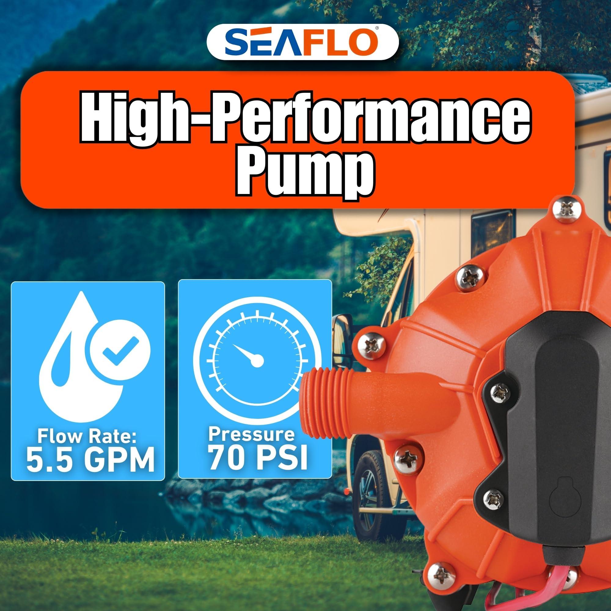 SEAFLO SEAFLO 55-Series Washdown Pump Kit - 12V DC, 5.5 GPM, 70 PSI, Self-Priming, Coiled Hose, Spray Nozzle, High Flow for RV, Boat, Off-Grid, Freshwater, and Saltwater Applications 4-Year Warranty