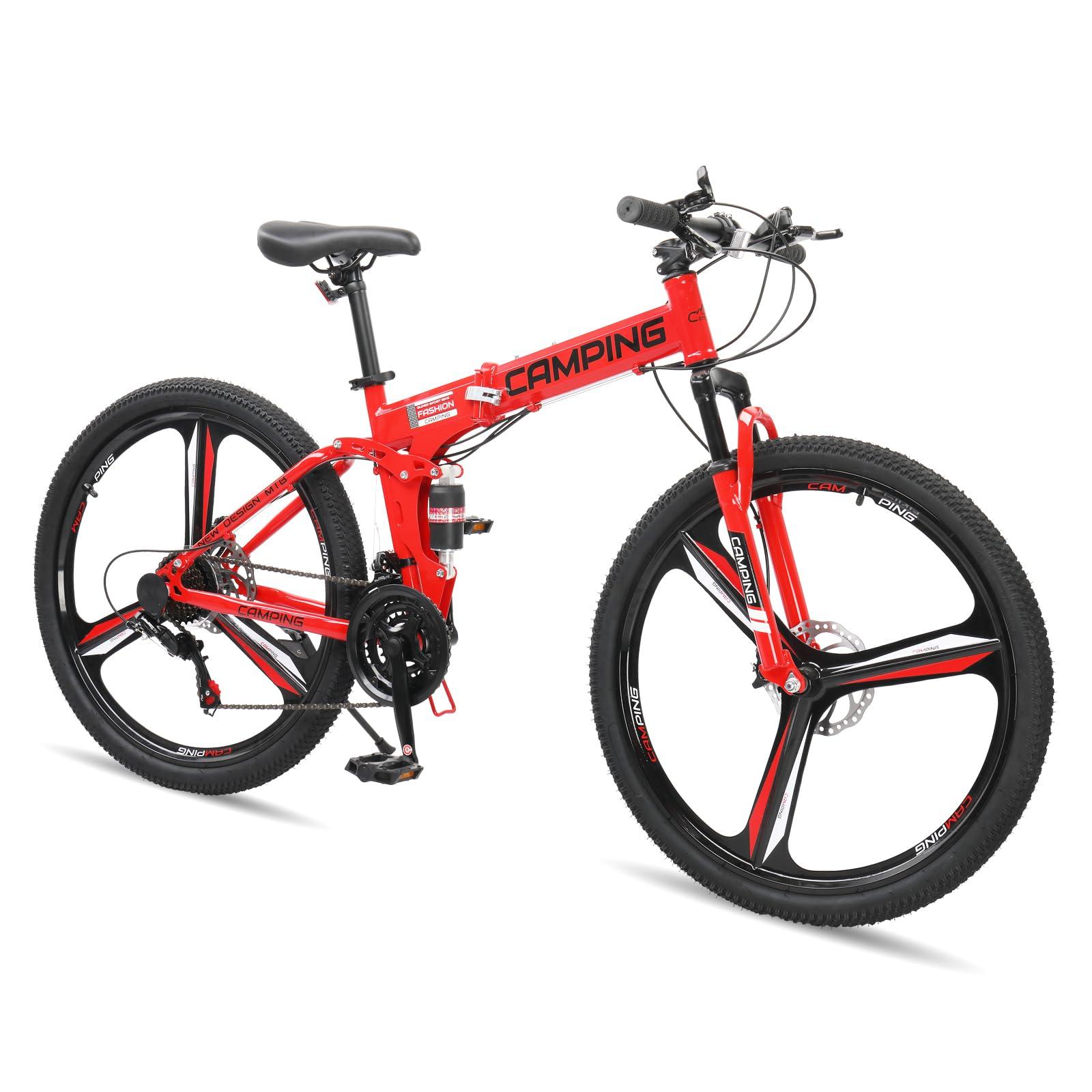 Ktaxon Ktaxon Foldable Mountain Bike 26 Inch Bike 21-Speed Bikes for Adults with Cool Design, Powerful Mechanical Dual Disc Brakes, Double Shock Effect and Ergonomic Cushion (Red)
