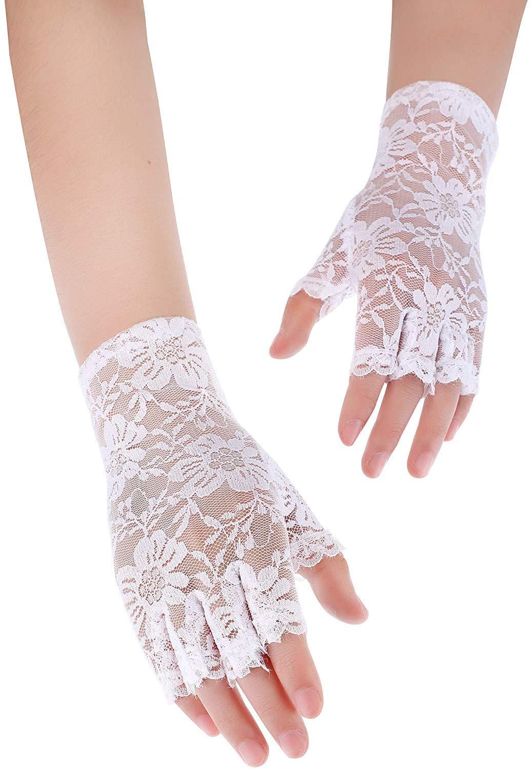 Tvoip Tvoip 1 Pair Womens Sun Protection Driving Half Finger Gloves Charming Sexy Lady Girl Lace Party Costume Fingerless Gloves (White)