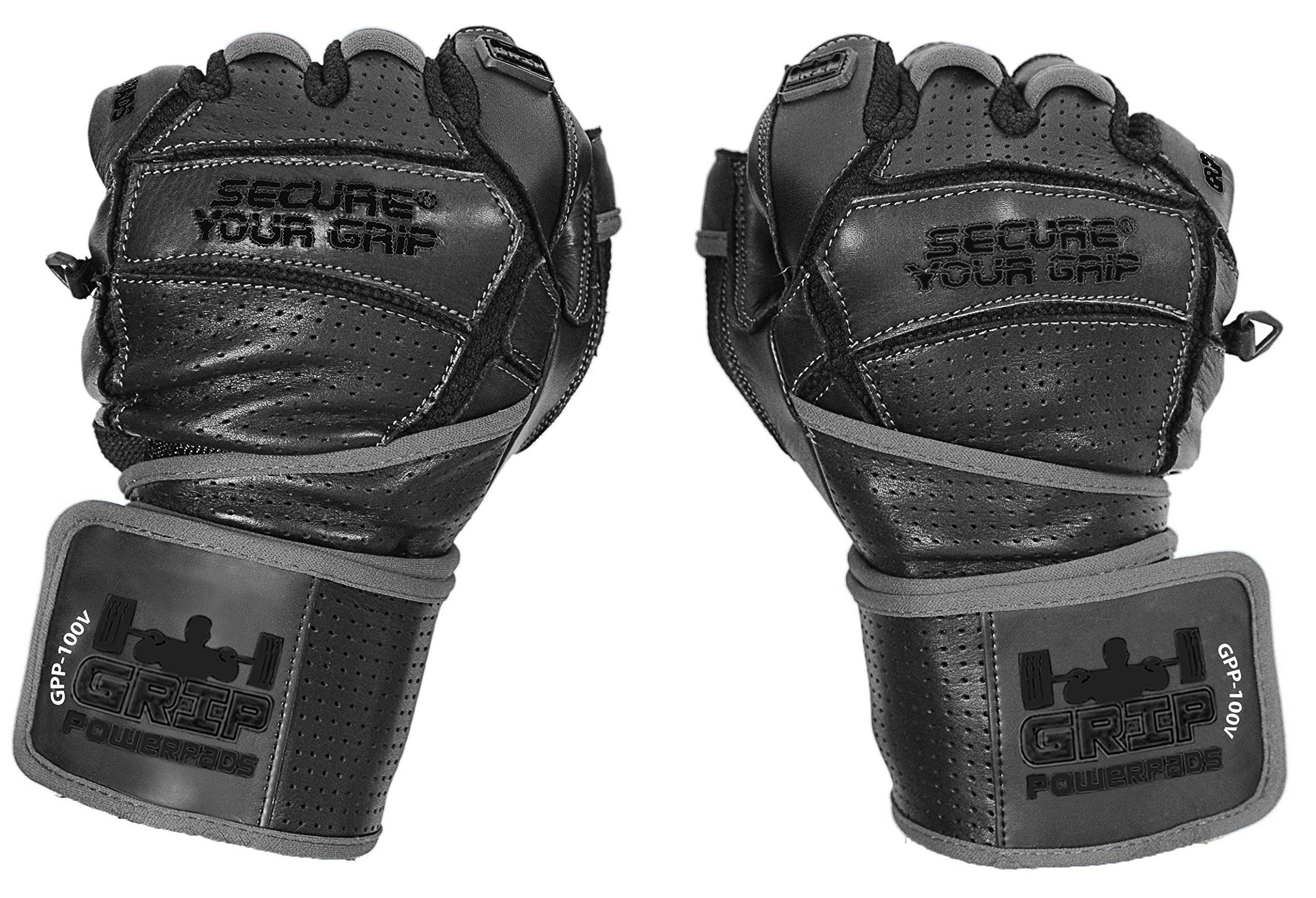 Grip Power Pads Elite Leather Gym Gloves with Built in 2" Wide Wrist Wraps Best Leather Glove Design for Weight Power Lifting Bodybuilding & Strength Training Workout Exercises (Black, Large)