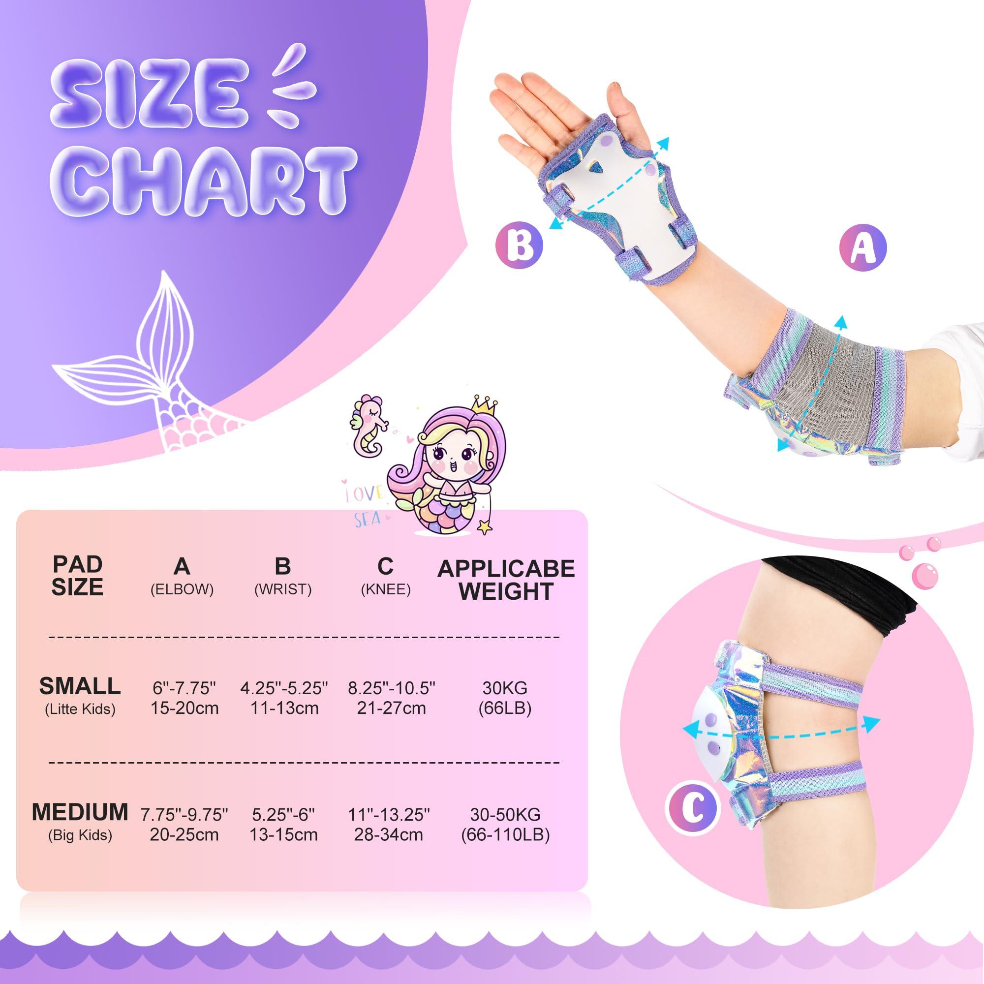 NEMONE NEMONE Mermaid Knee Pads for Kids, Girls Boys Knee Elbow Pads Wrist Guards with Drawstring Bag, Adjustable Reflective Protective Gear Set for Roller Skates Bike Cycling Skateboard Scooter