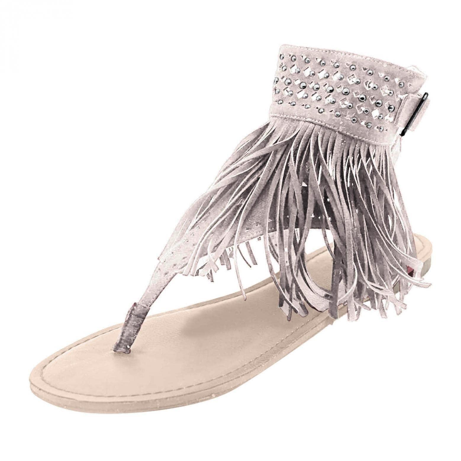 ZBYY ZBYY Womens Gladiator Fringe Thong Flat Sandals Bohemian Sexy Beach Roman Boots Tassel Flip Flops Hollow Out Sandals