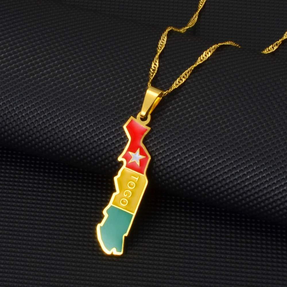Dan CECE KELE Dan CECE KELE Map Pendant Necklace - Togolaise Map Necklace for Men and Women, Togolese Map Necklace with Flag Jewelry Fashion Clavicle Chain Neckwear, Ethnic Symbol Pendant Neckwear,Gold,45Cm Chain