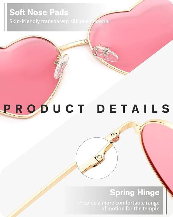 Laurinny Laurinny Pink Heart Sunglasses Polarized for Women Men Retro Heart Shaped Glasses Metal Frame Spring Hinge