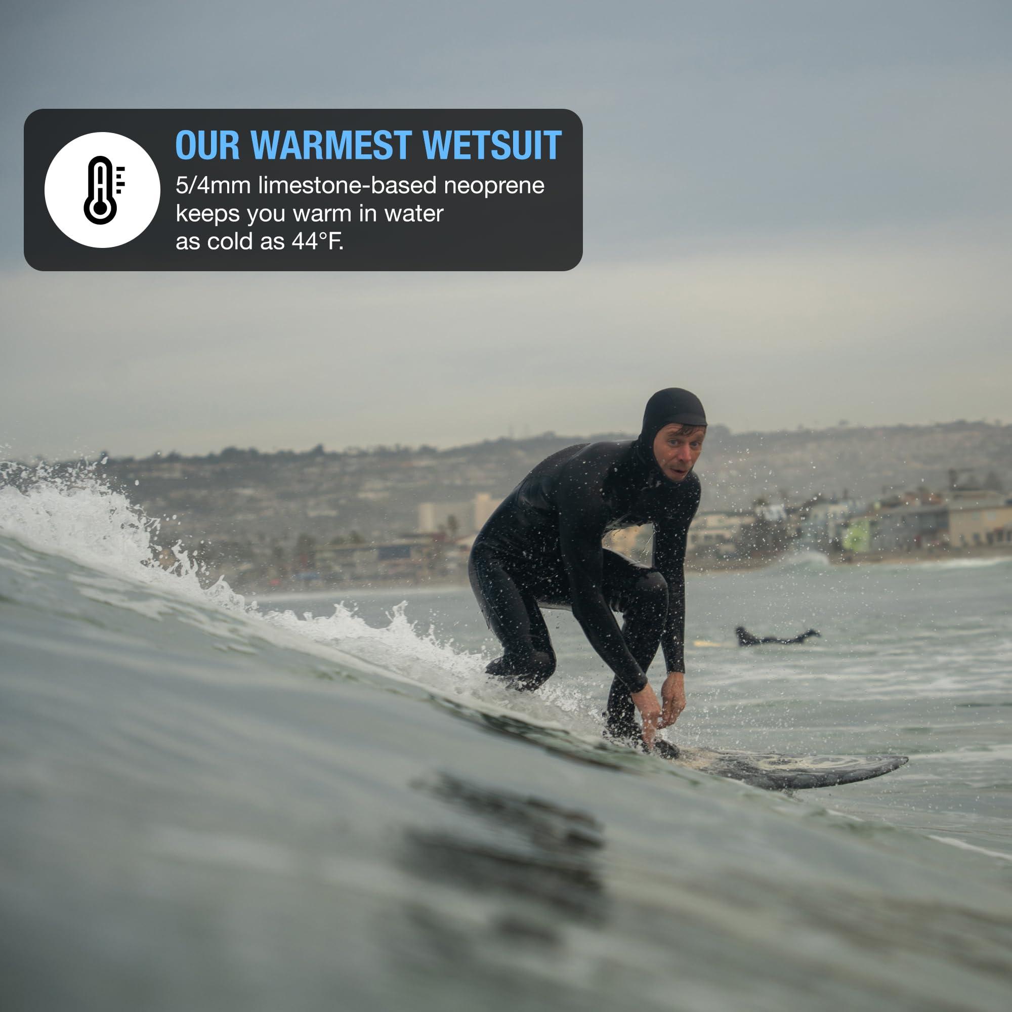 Ho Stevie! Ho Stevie! Mens 5/4mm Hooded Surfing Wetsuit - Chest Zip Fullsuit with Hood - Warm Superstretch Neoprene w/GBS Seams (Black 5/4mm, S (Small))