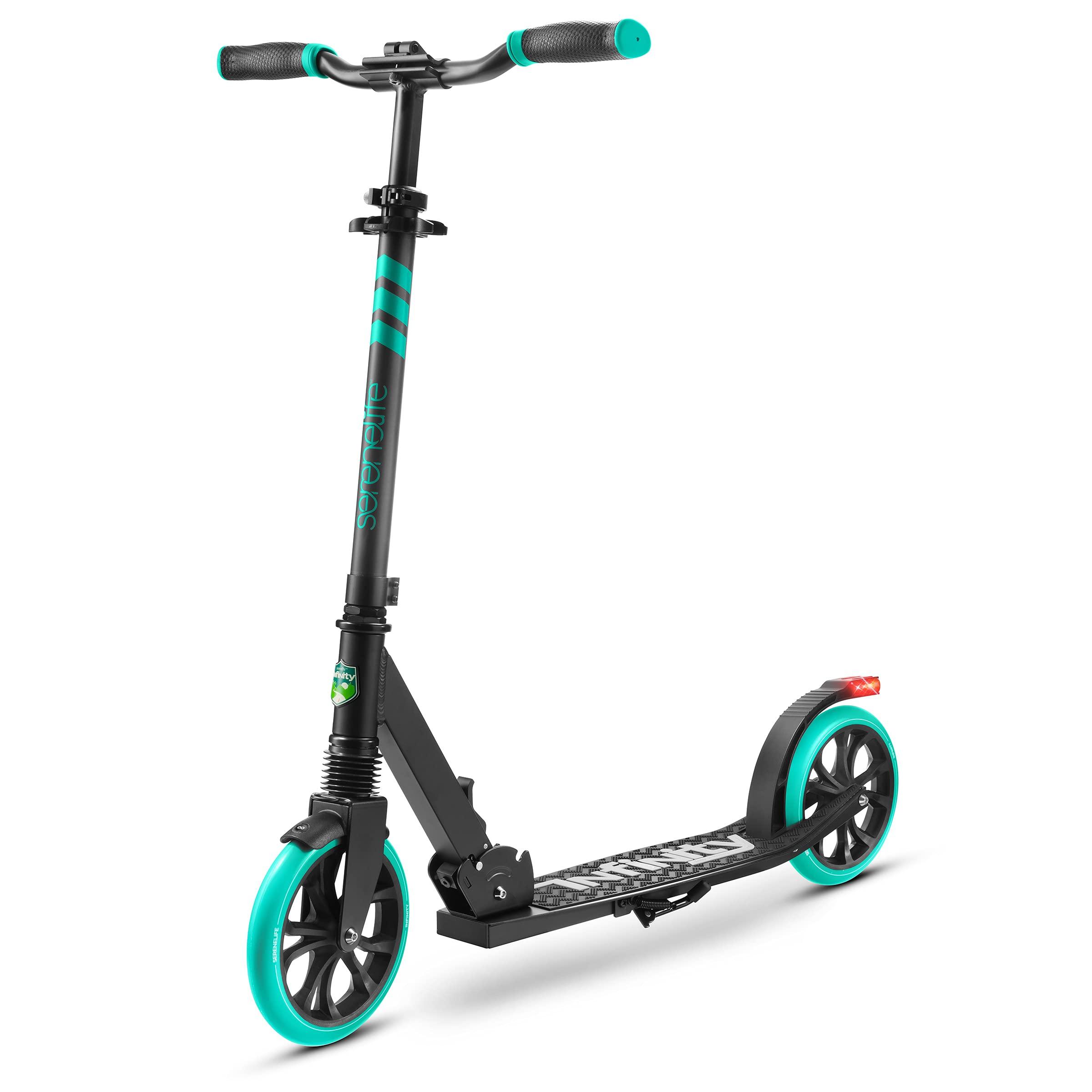 SereneLife SereneLife Lightweight and Foldable Kick Scooter Comfortable T-Bar Handlebar, Adjustable Scooter for Teens and Adult, Alloy Deck with High Impact Wheels, Durable ABEC-7 Bearings Aqua on Black SLTS02