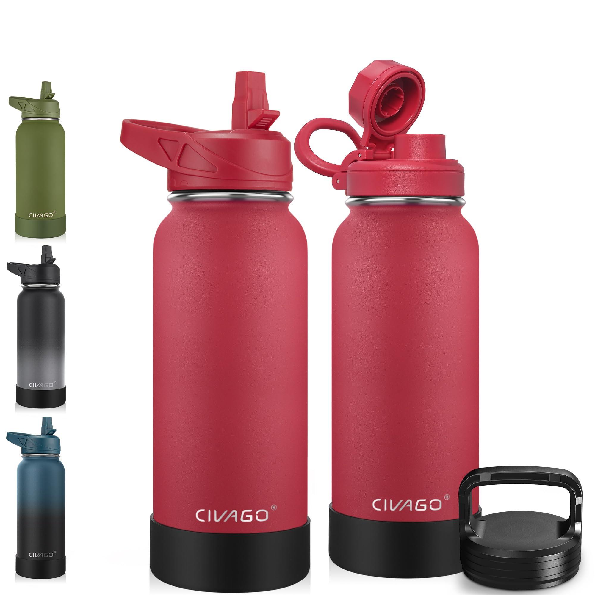 CIVAGO CIVAGO 32 oz Insulated Water Bottle With Straw, Stainless Steel Sports Water Cup Flask with 3 Lids, Wide Mouth Travel Thermal Mug, Red