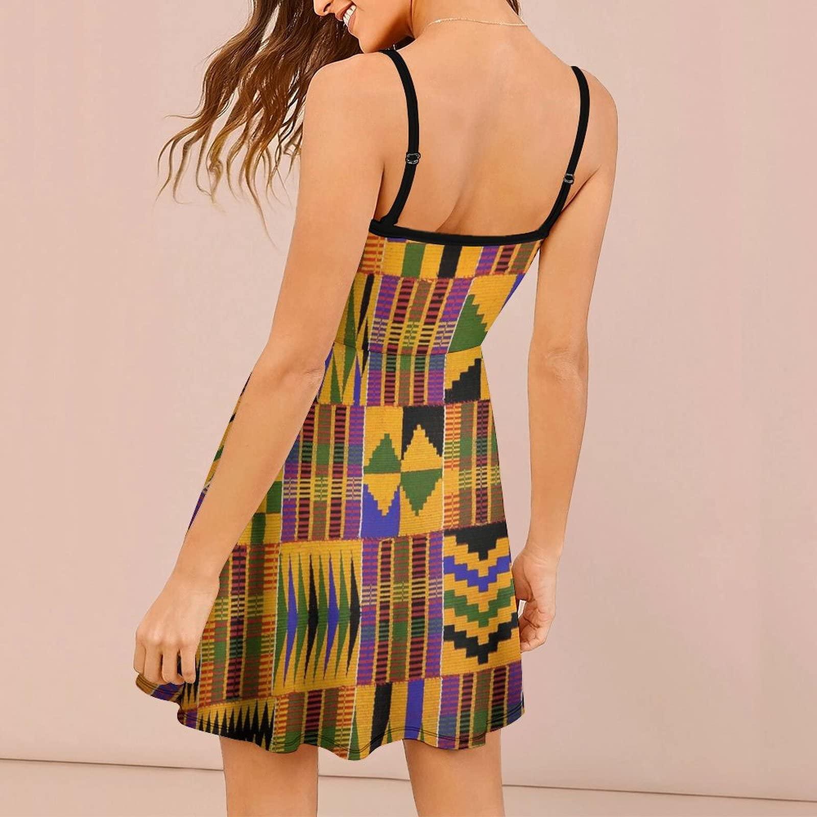 BAIKUTOUAN BAIKUTOUAN African Art_ Kente Cloth Women\'s Sleeveless Sundress Skirt Summer Beach Sling Dress