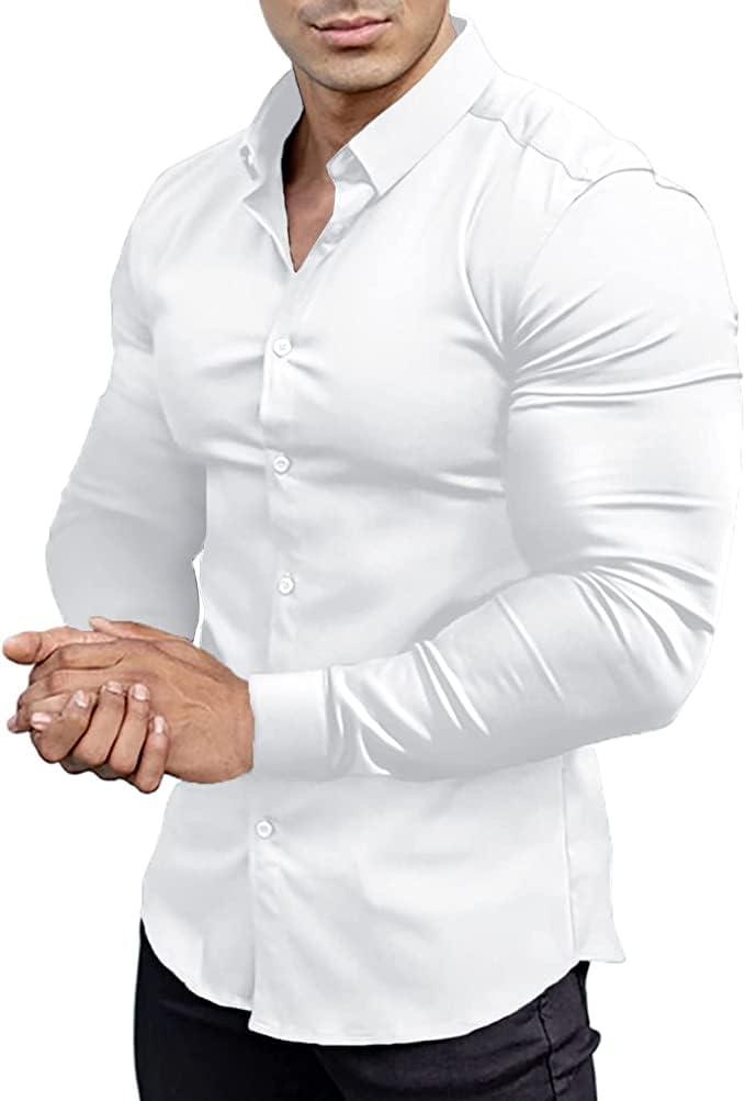 EOUOSS EOUOSS Mens Muscle Fit Dress Shirts Athletic Slim Fit Long Sleeve Stretch Wrinkle-Free Casual Button Down Shirt White Large