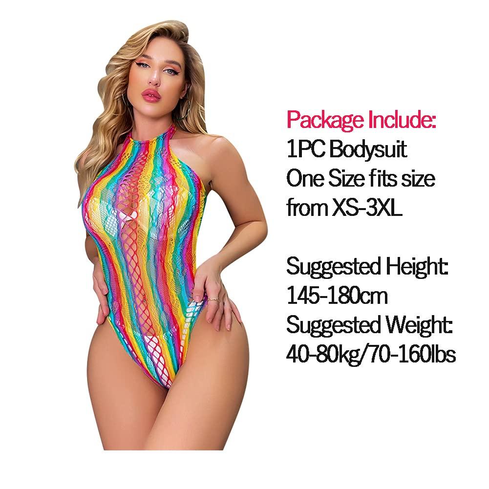ABAFIP Womens Rainbow Fishnet Rave Festival Outfits Bikini Swimwear Cover Ups Mini Dress Bodysuit Teddy Night Clubwear Colorful Rainbow#18 One Size