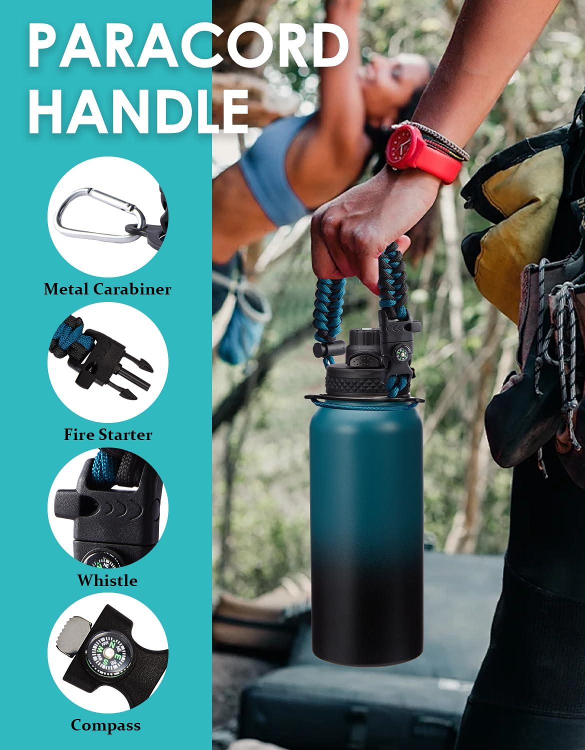 VICKNIY 32 oz Insulated Water Bottle with Straw - Chug Lid, (Cold 48h, Hot 24h) Stainless Steel Flask with Paracord Handle, Storage Pouch with Strap, Metal Thermos for School Travel Sports Gym Women