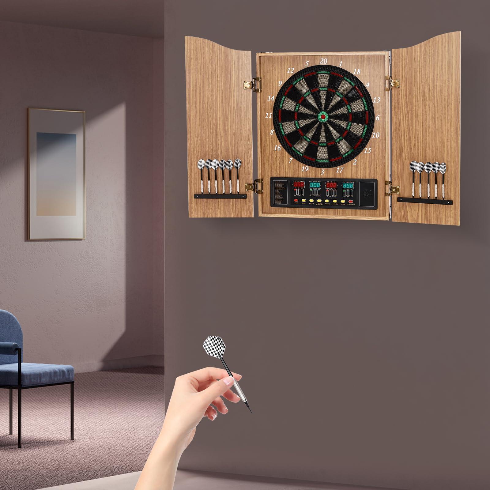 BILPIKOGoo Electronic Dartboard Cabinet Combo Pro Size Large Auto-Scoring Cricket Display Extended Dart Catch Area 16 Player Multiplayer, Dartboard Cabinet with Soft Tip Darts and Power Adapter