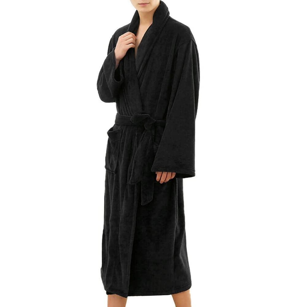 Bluelans Mens Hooded Fleece Robe Plush Long Bathrobes Bath Robe for Men Black XL