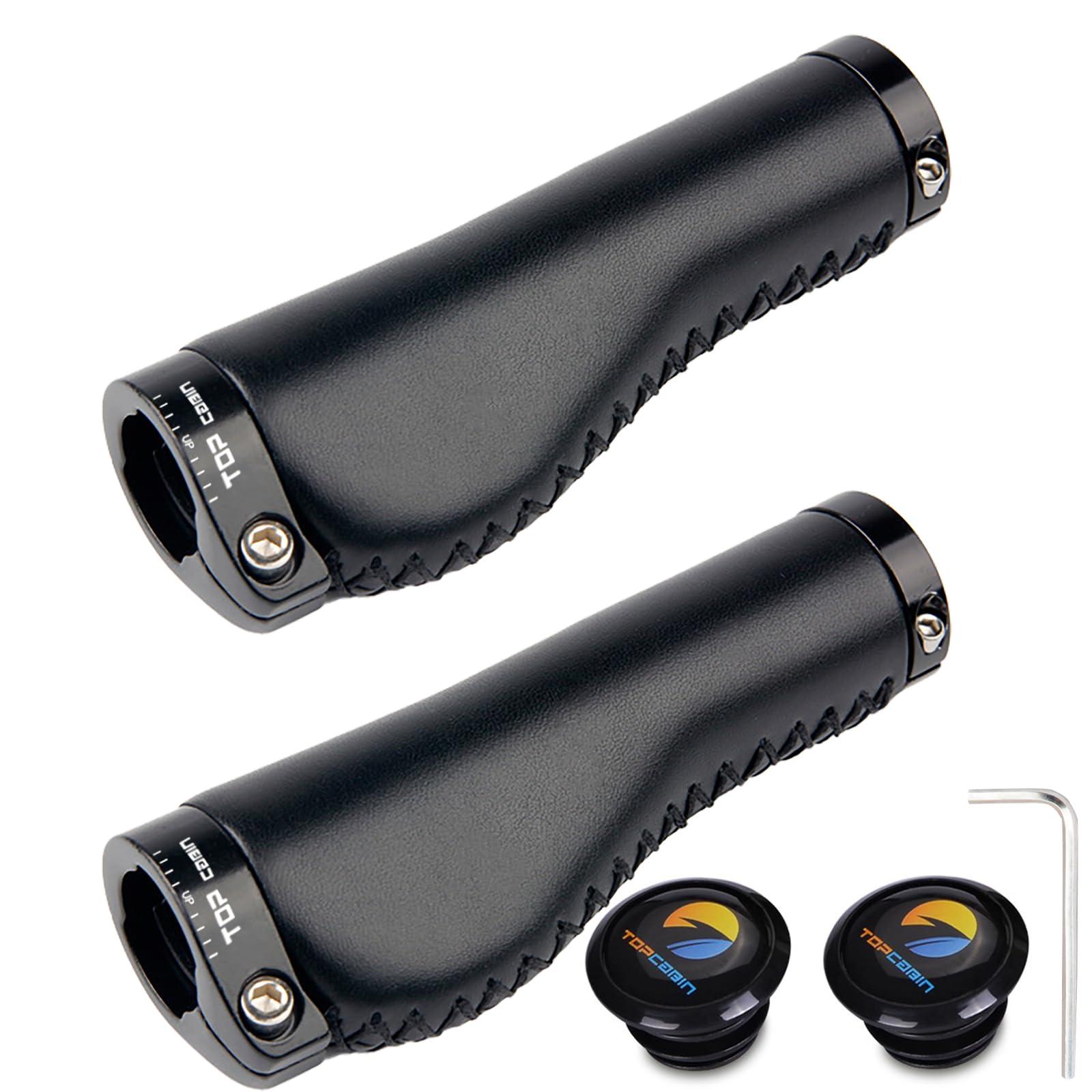 TOPCABIN TOPCABIN Bicycles Handlebar Grips, Aluminum Lock-on Ergonomic Bike Grips, Cushion Vibrations Comfort Bike Handlebar Grips, Mountain MTB BMX Bicycles Grips for Scooter (Hand-Sewn ATF Leather(Black))