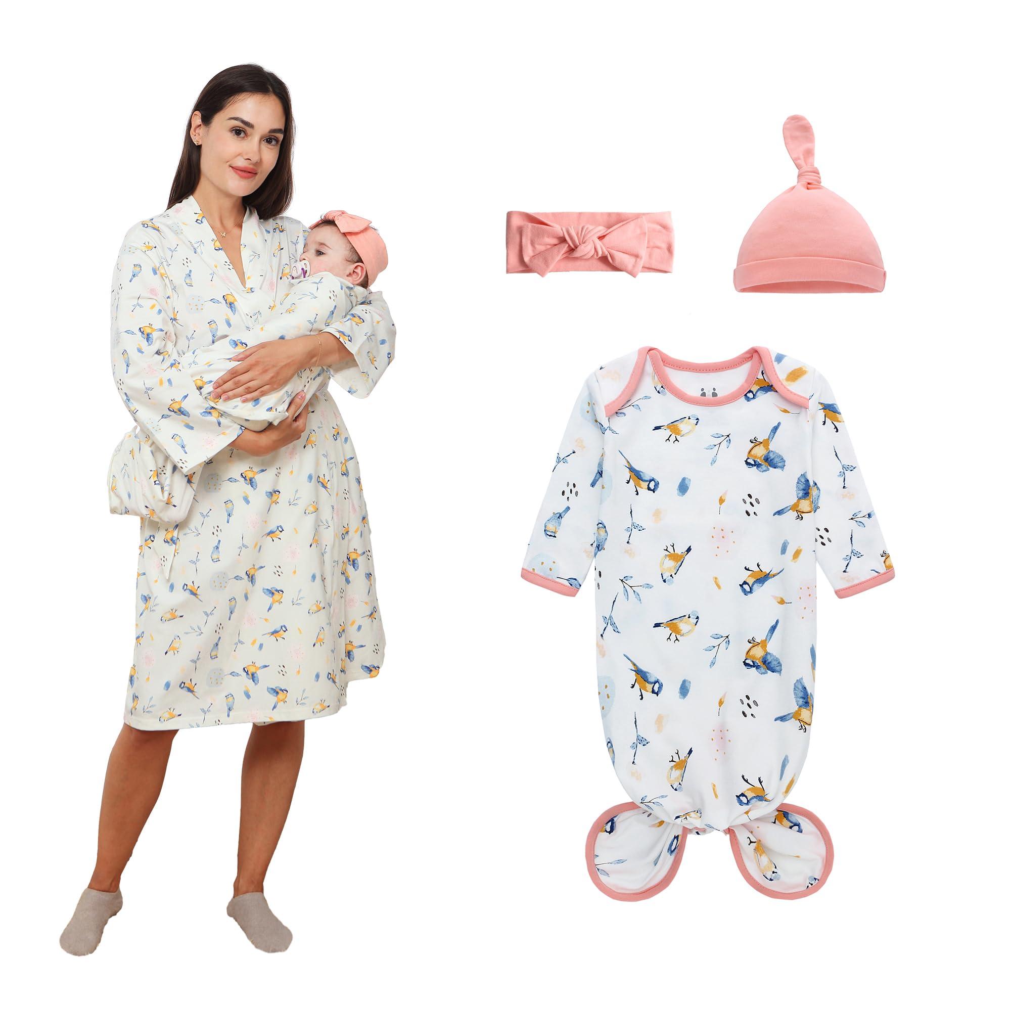 Miracle Baby Maternity Robe and Matching Baby Knotted Gown with Hat Set, 100% Cotton Maternity Robe for Hospital Labor Delivery, Mom and Baby Matching Outfits Hospital Girl Boy