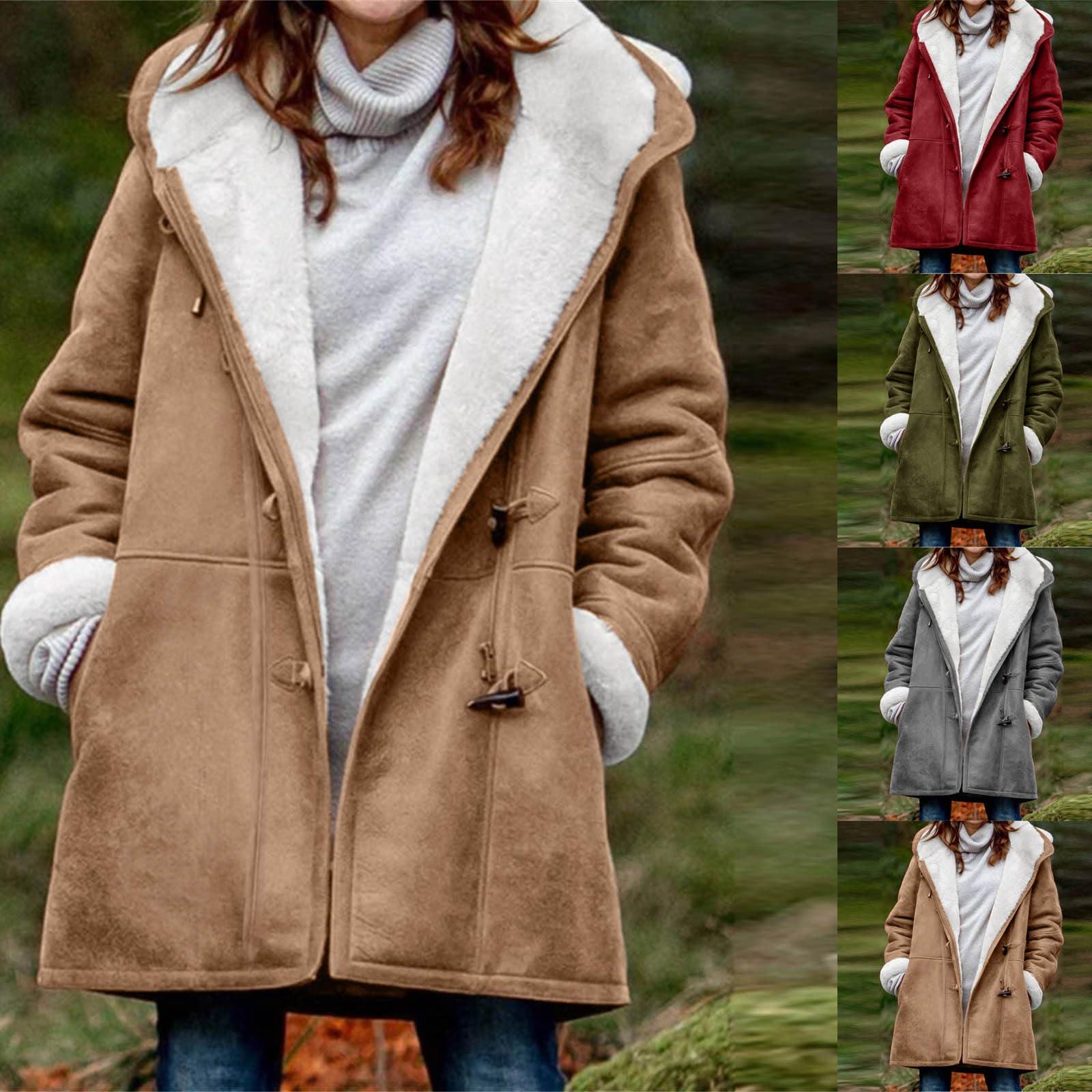 cllios Womens Winter Coats Plus Size Sherpa Jacket Fleece Lined Hooded Jacket Warm Outerwear Oversized Thick Coat Button Down Long Sleeve Cardigan Coats Overcoat with Pockets