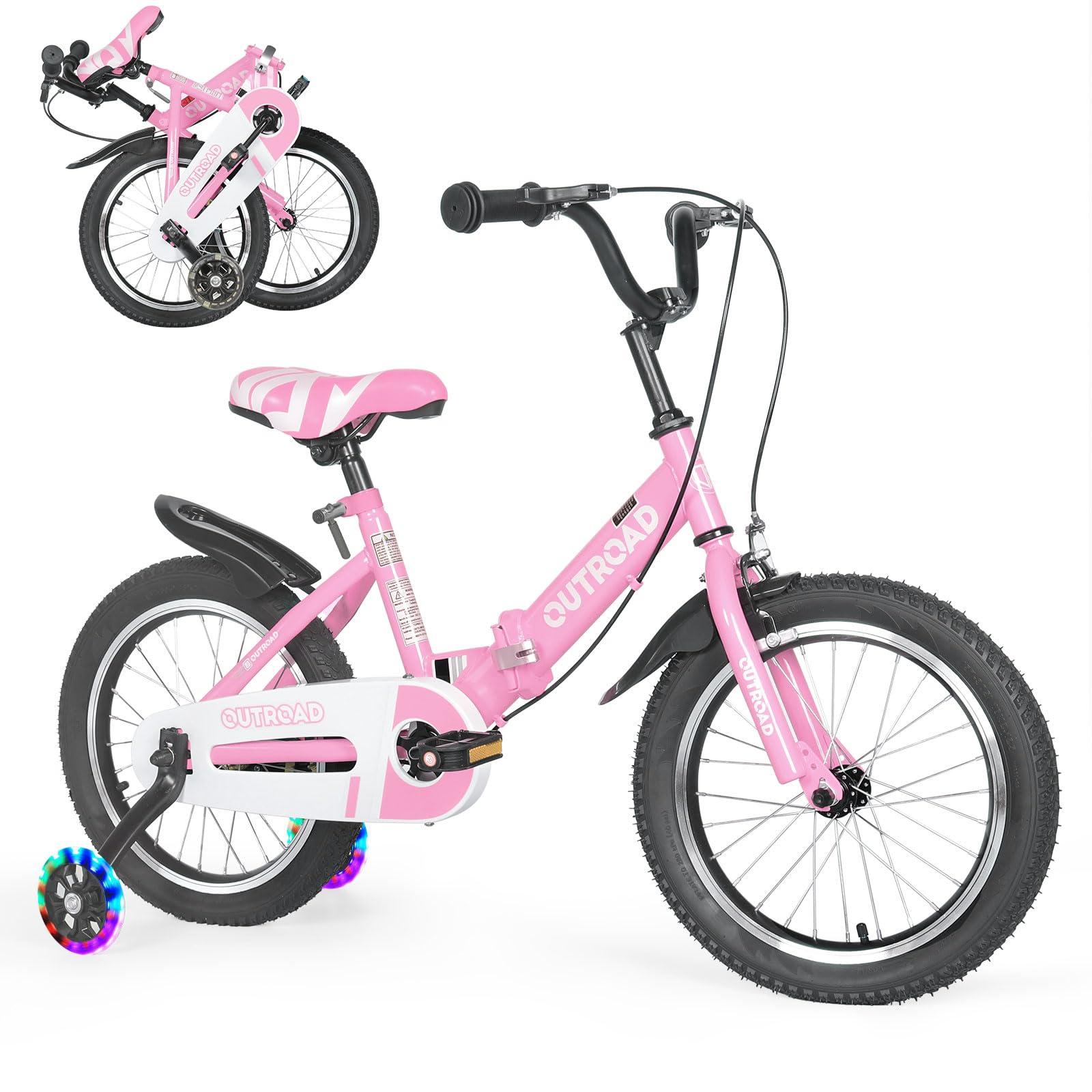 MarKnig MarKnig 18 Inch Folding Kids Bike for 6-9 yrs Old Boys and Girls, Freestyle Kids Bicycle with Dual Brakes & Flash Training Wheels, Toddler Bicycle for Beginners, Pink Girls Bike