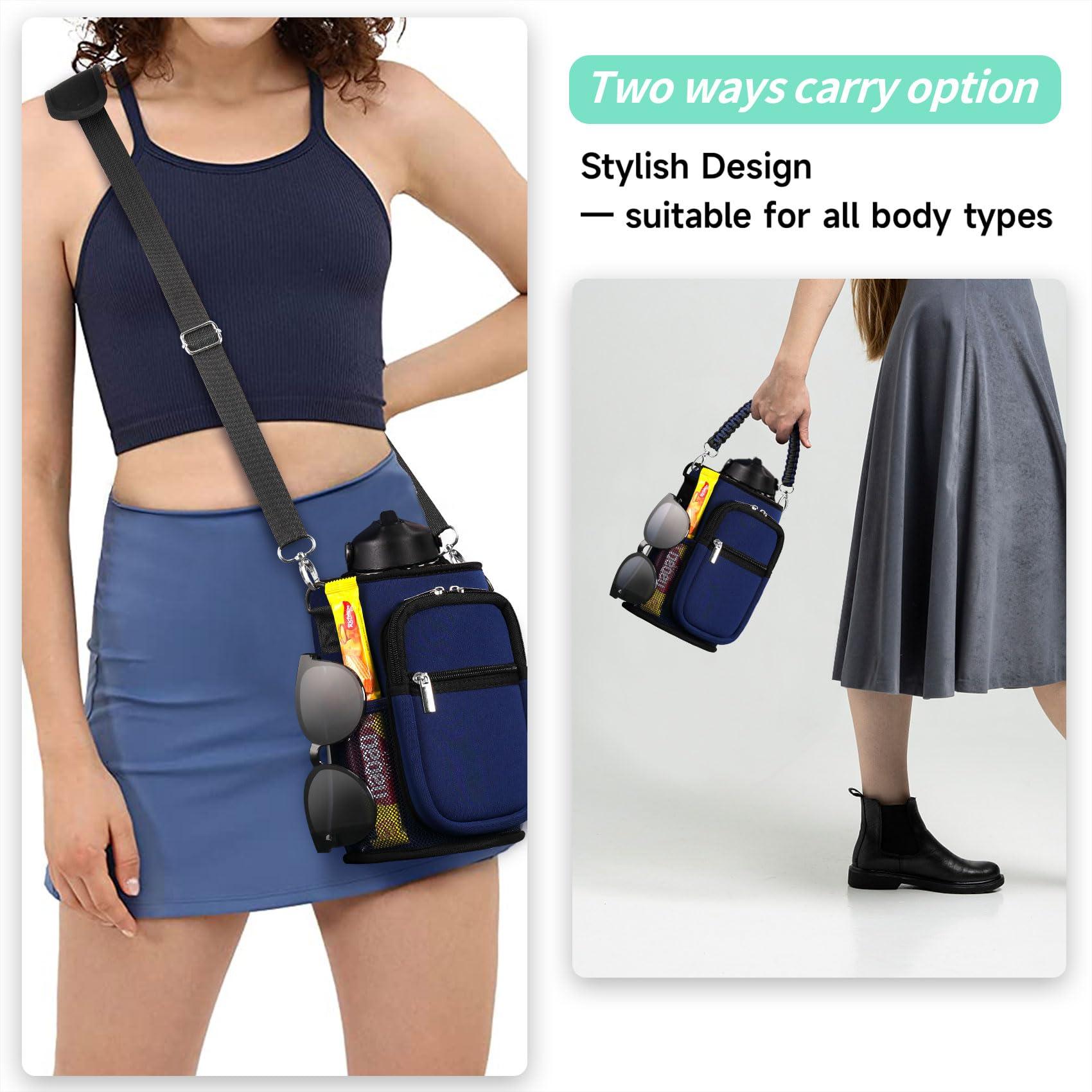 AceTreker AceTreker 64/128 oz Water Bottle Carrier Bag, Insulated Half Gallon Water Bottle Sleeve with 5 pocket, Sport Water Flask with Paracord Handle and Shoulder Strap for Walking Hiking Camping Gym-Navy
