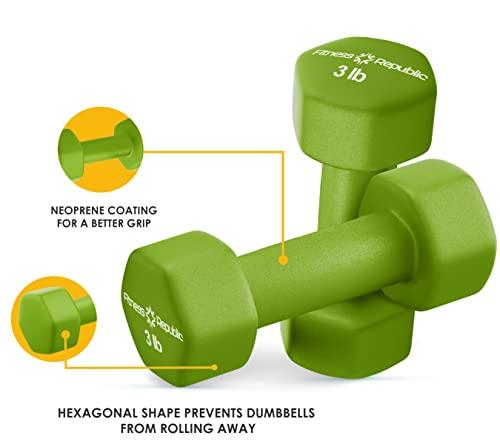 Fitness Republic Fitness Republic 3LB Neoprene Workout Dumbbells Set of 2 - Non Slip, Anti Roll Exercise & Fitness Dumbbells - Hex Shaped Hand weights for Men & Women - Ideal for Home and Gyms training