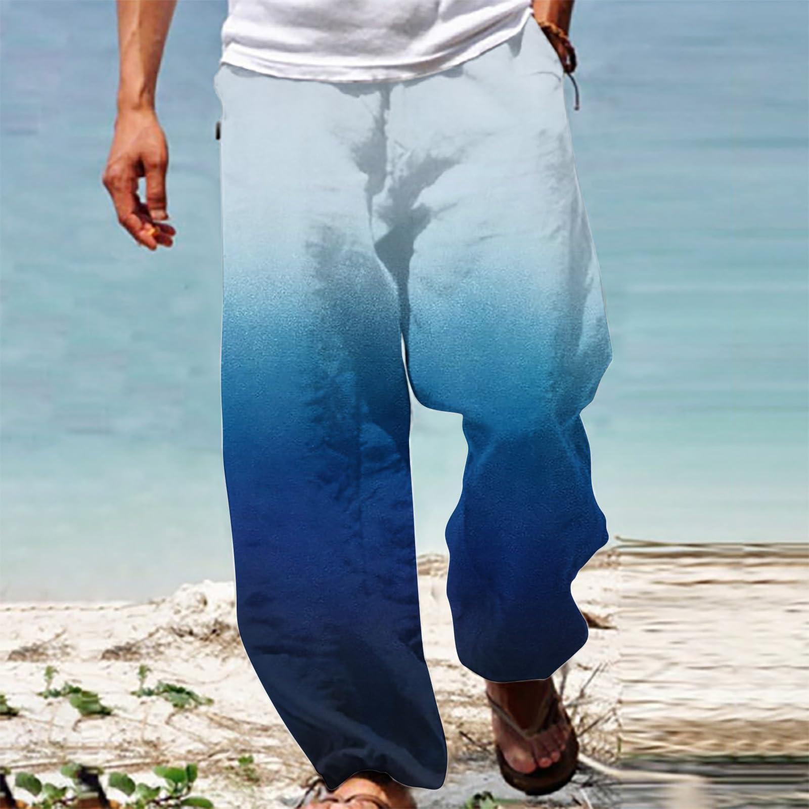 Ctreela Ctreela Men Trendy Loose Fit Pants Lightweight Beach Pants Summer Fall Drawstring Gradient Sweatpants Ombre Comfy Yoga Pants Dark Blue