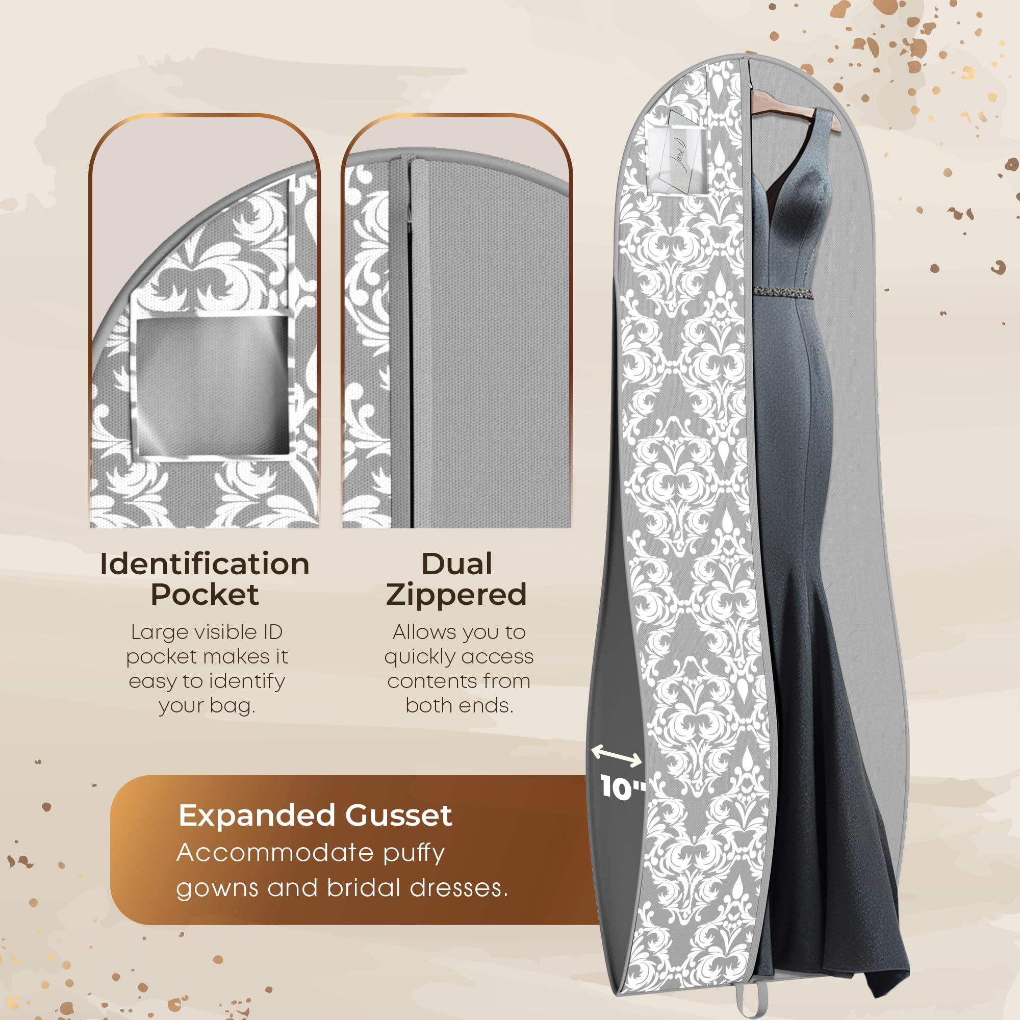 Your Bags Your Bags 72" Wedding Dress Bag for Gowns Long - Long Garment Bags for Hanging Clothes & Closet Storage - Durable Travel Bag for Women with ID Window - (Grey/White Damask Print)