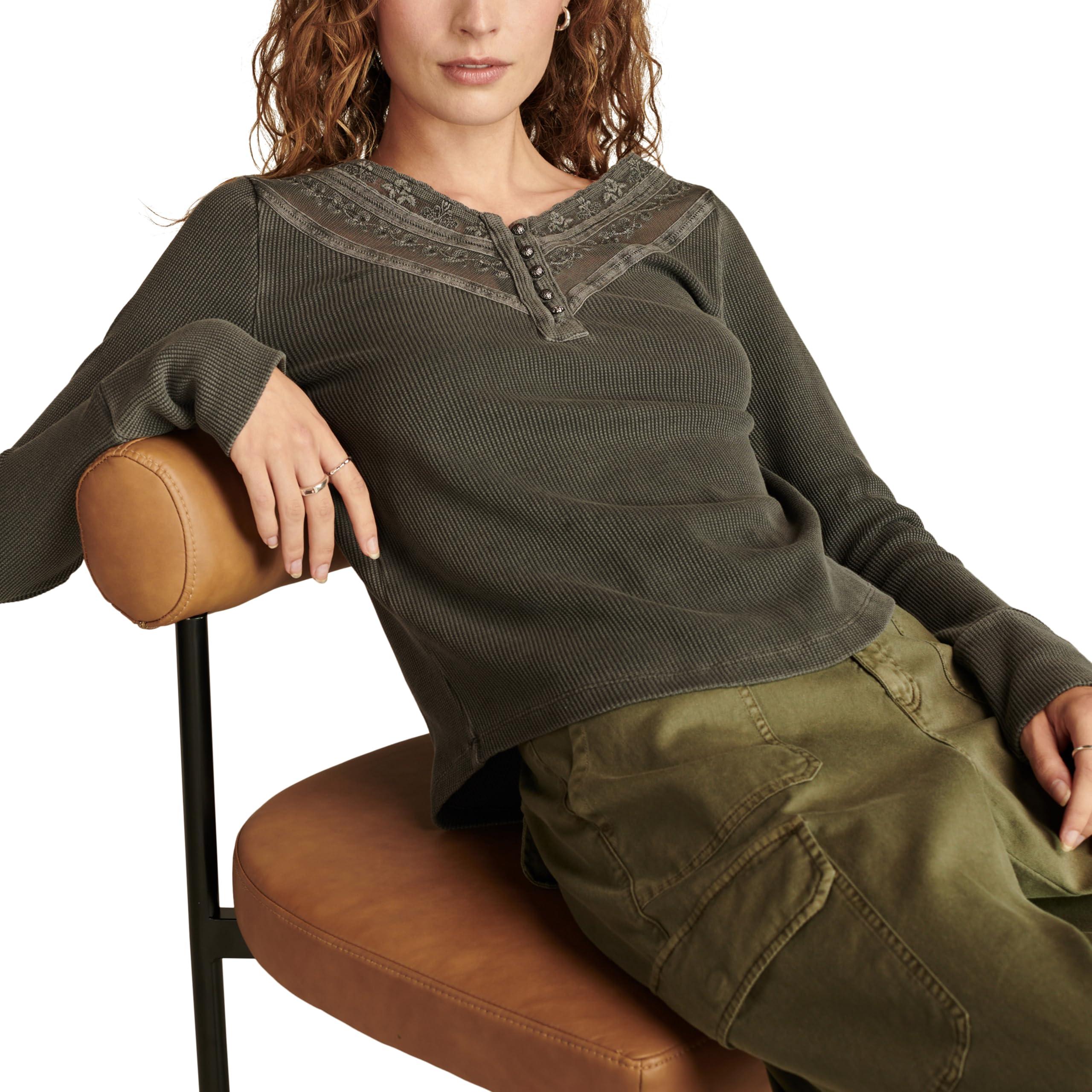 Lucky Brand Lucky Brand Women's Embroidered Mesh Yoke Henley, Meteorite